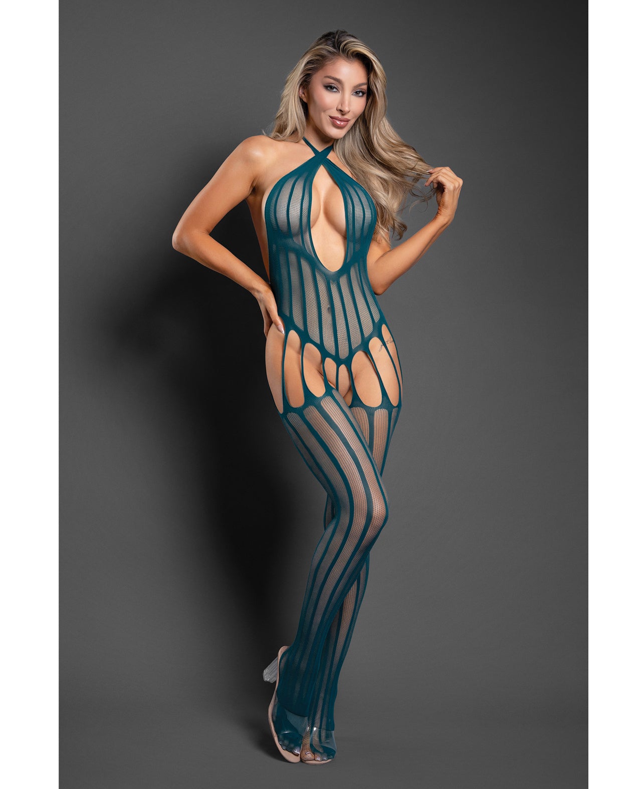Unravel Me Crotchless Halter Bodystocking - Teal - additional view