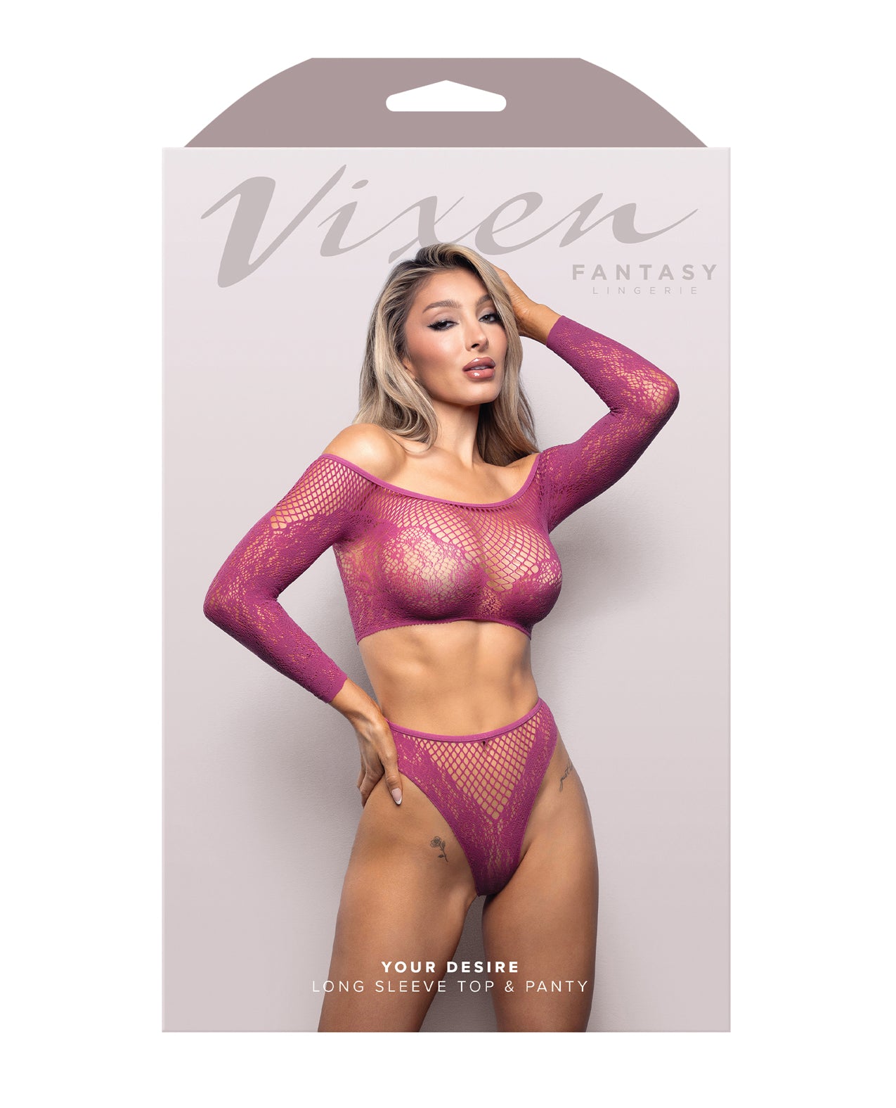 Your Desire Scalloped Long Sleeve Top & Panty Set - Magenta - additional view