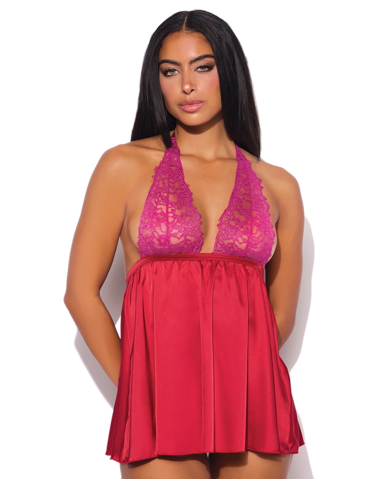 Jocelyn Lace & Satin Halter Babydoll & Thong Set - Raspberry - Raspberry Small