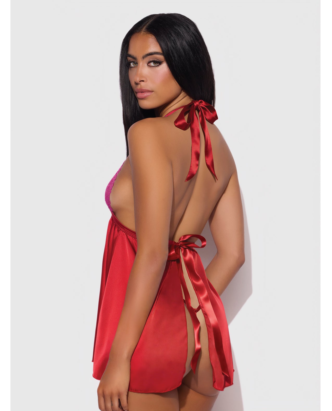 Jocelyn Lace & Satin Halter Babydoll & Thong Set - Raspberry - additional view