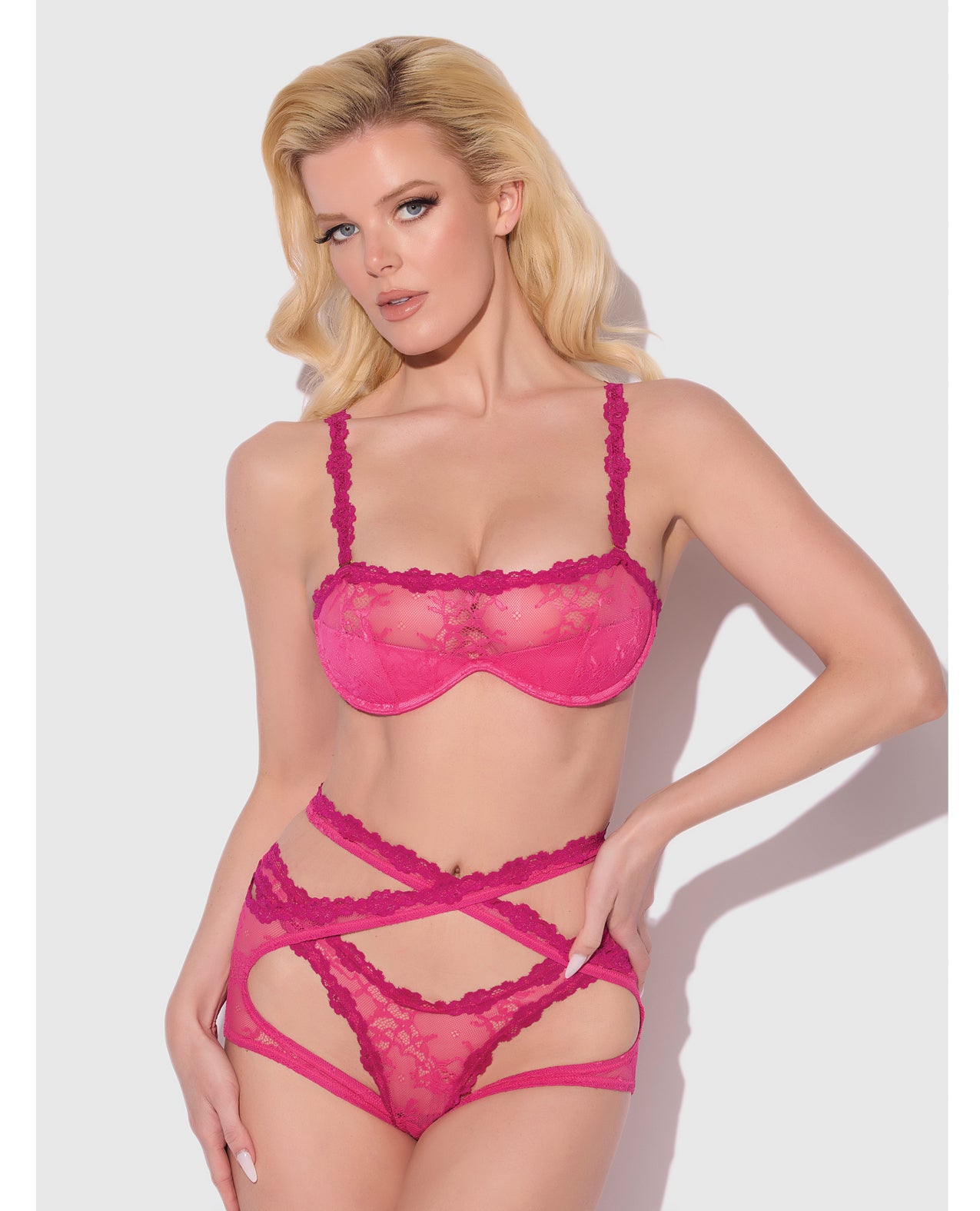 Yvone Lace Bra, Garter & Tanga Panty Set - Pink - Pink Small