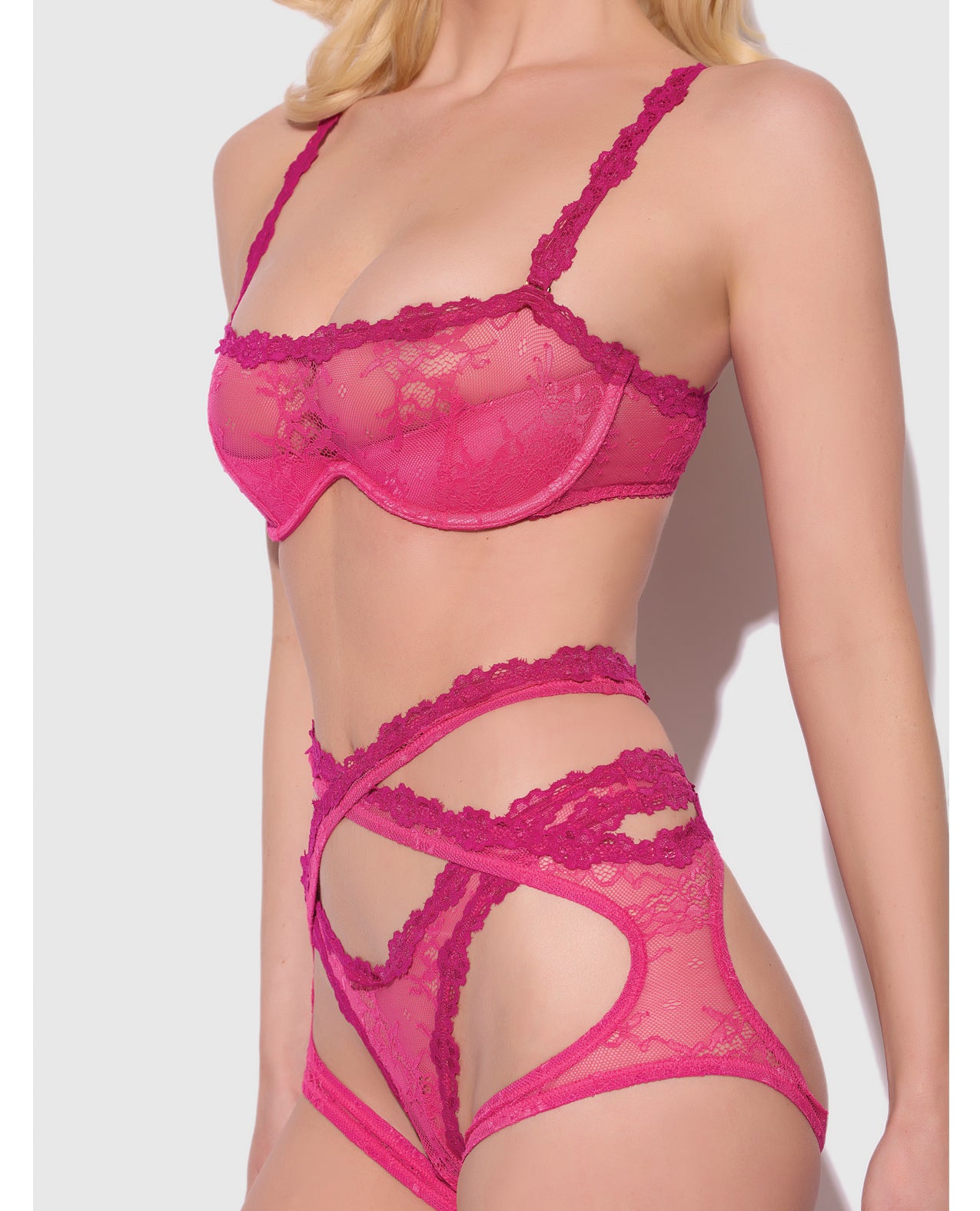 Yvone Lace Bra, Garter & Tanga Panty Set - Pink - additional view