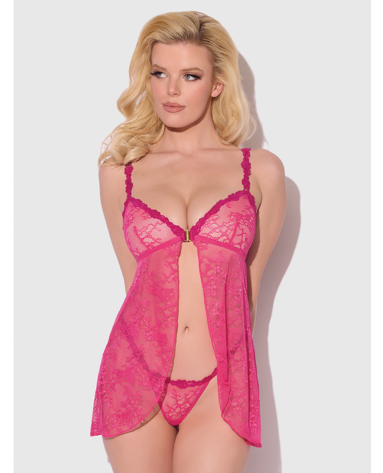 Yvone Lace Open-Cup Babydoll & G-String Set - Pink - Pink Small