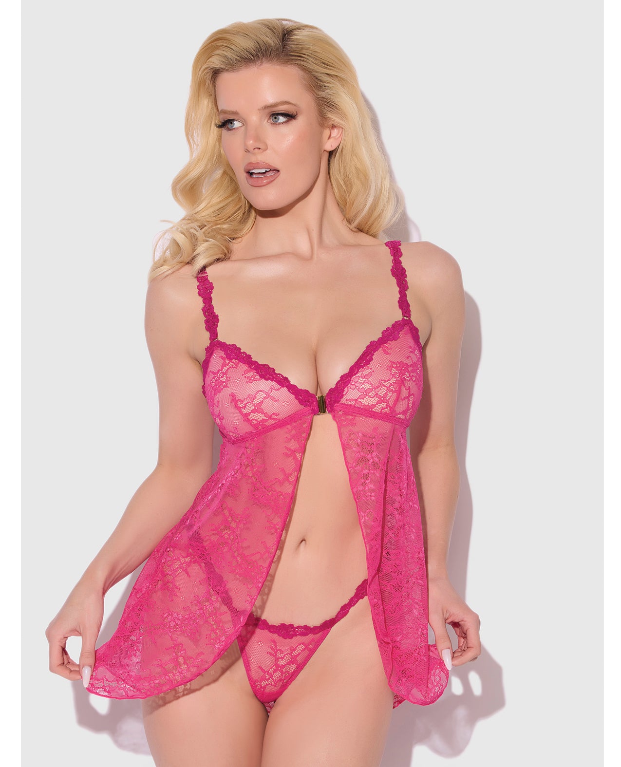 Yvone Lace Open-Cup Babydoll & G-String Set - Pink - additional view