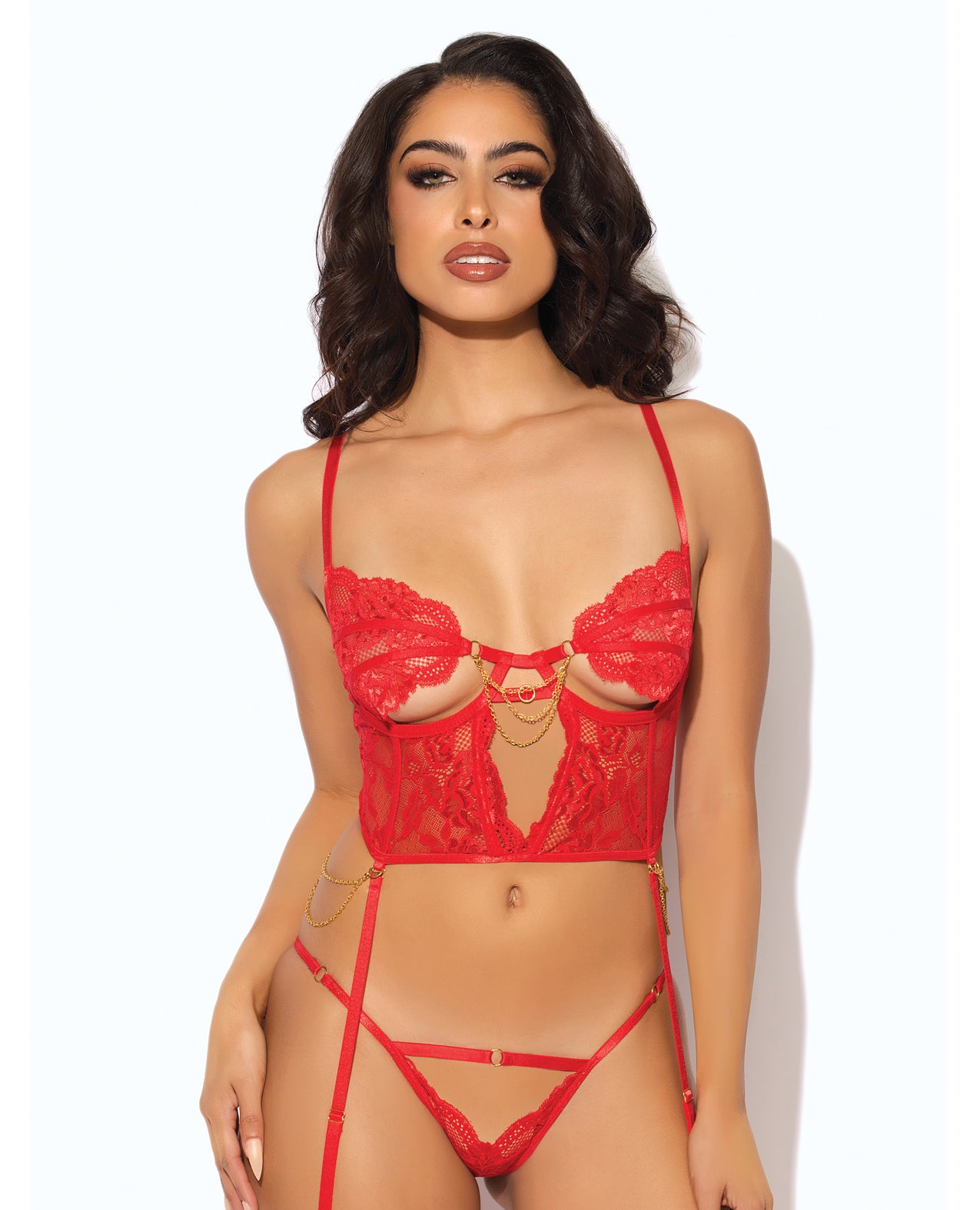 Cecily Lace & Mesh Bustier, Thong & Garter Straps Set - Red - Red Small