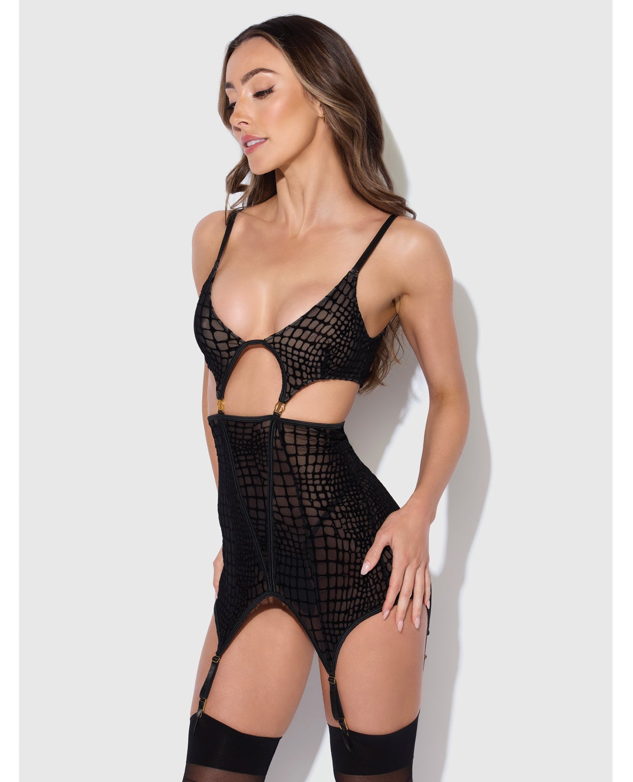 Snake Print Velvet Mesh Chemise & G-String Set - Black - Black Small