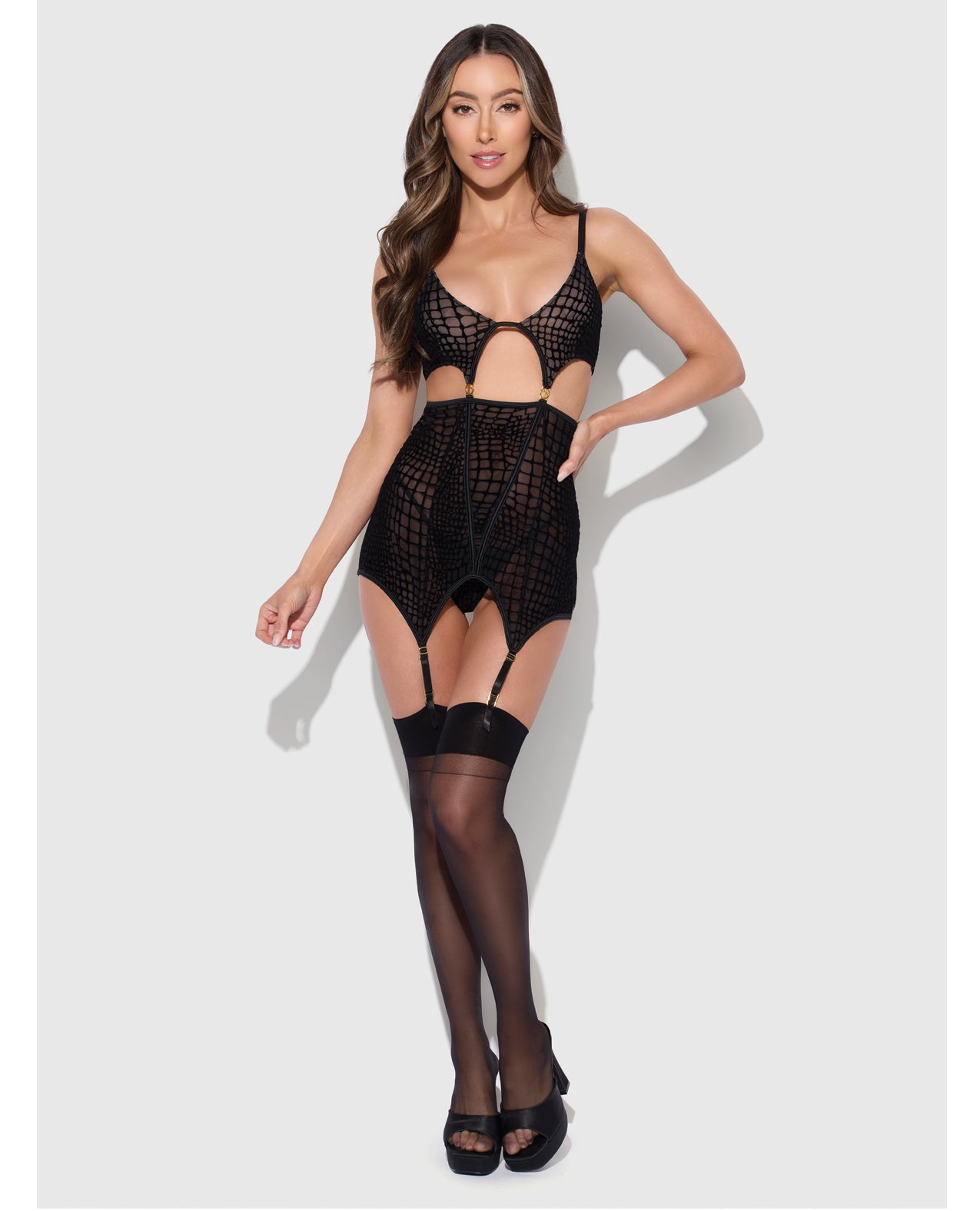 Snake Print Velvet Mesh Chemise & G-String Set - Black - additional view