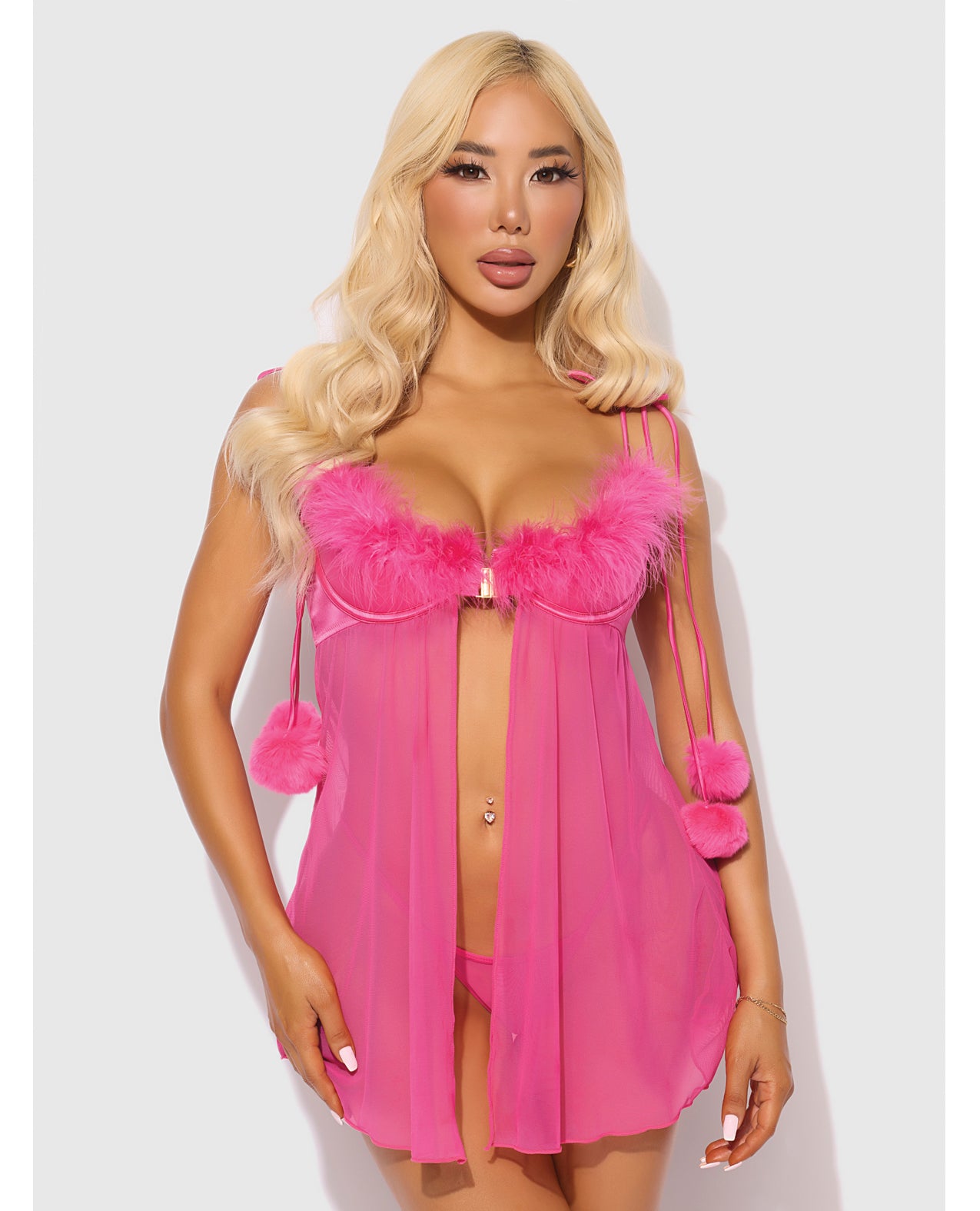 Marilyn Marabou Babydoll & G-String Set - Pink - Pink 1X/2X