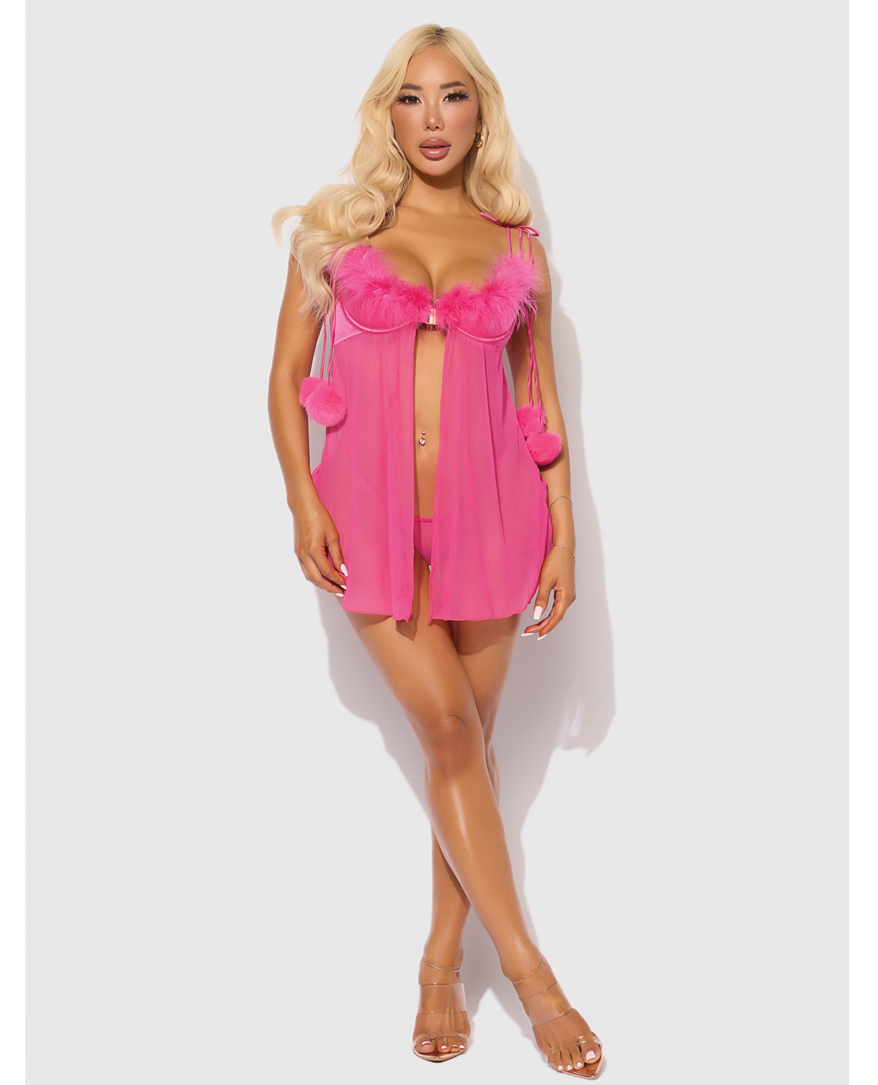 Marilyn Marabou Babydoll & G-String Set - Pink - additional view