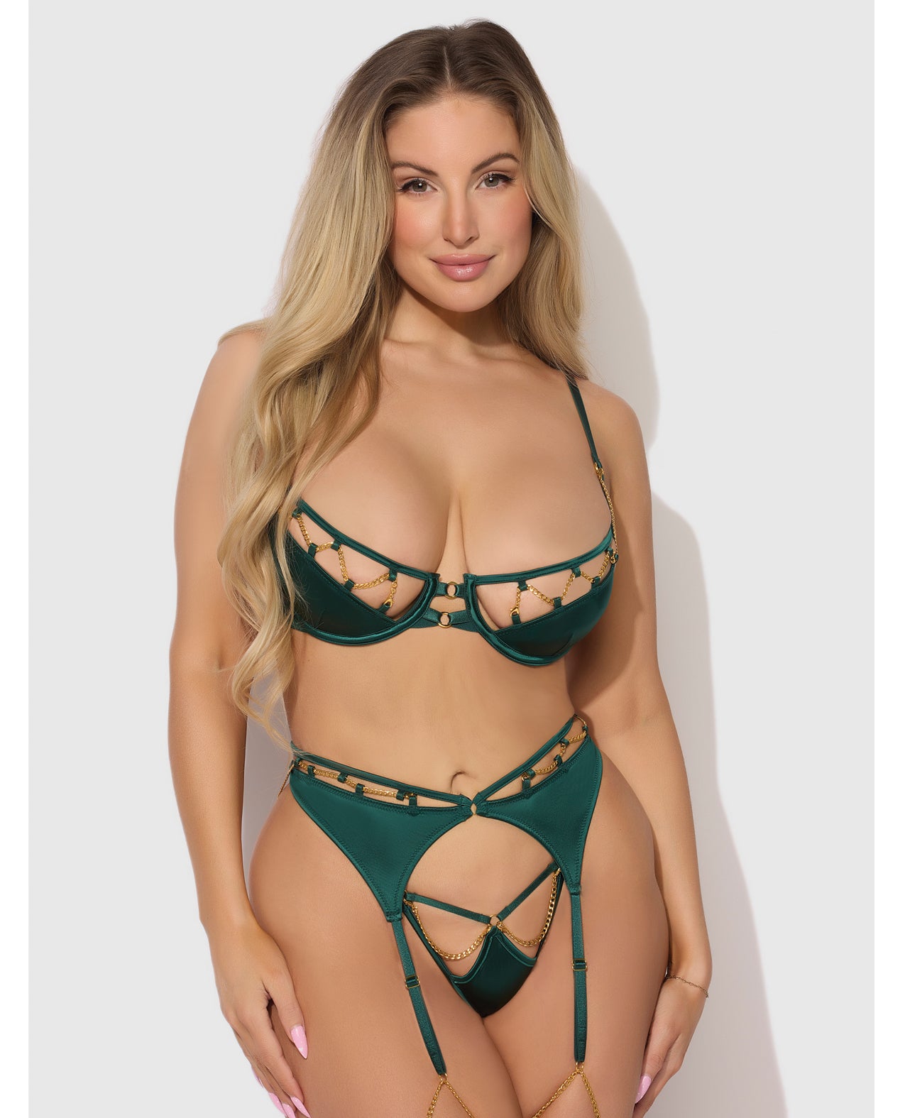 Evangeline Satin & Chain Push-Up Bra, Garter & G-String Set - Green - Green Small