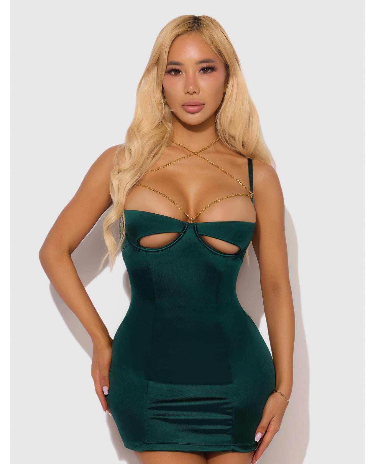 Evangeline Satin & Chain Cutout Chemise & G-String Set - Green - Green Large