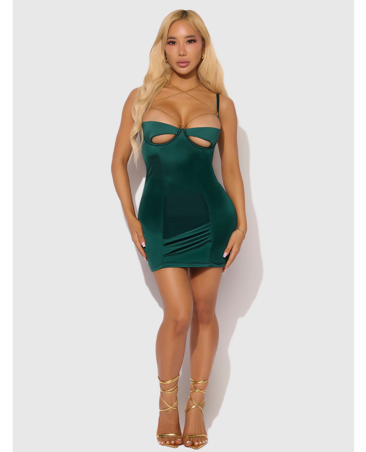 Evangeline Satin & Chain Cutout Chemise & G-String Set - Green - additional view