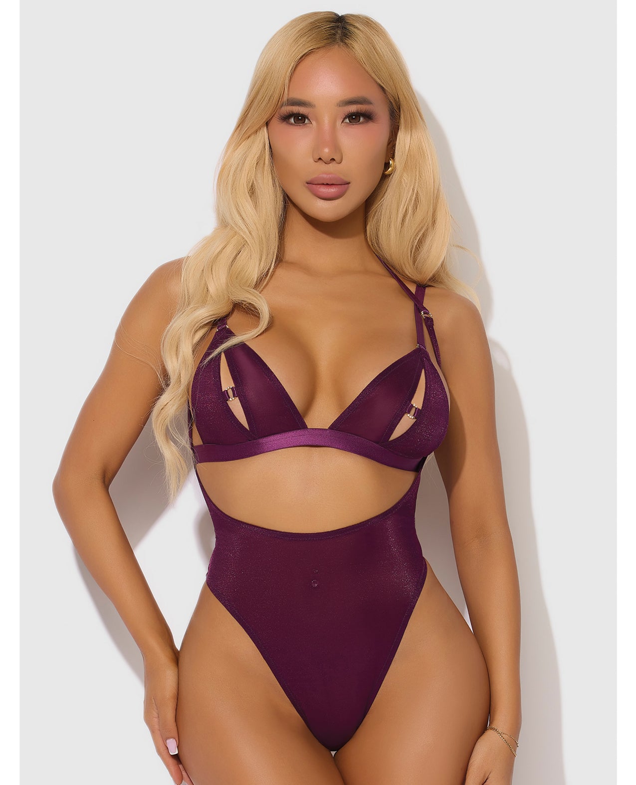 Yasmine Shimmer Mesh Teddy & Bralette Set - Burgundy - Burgundy Small