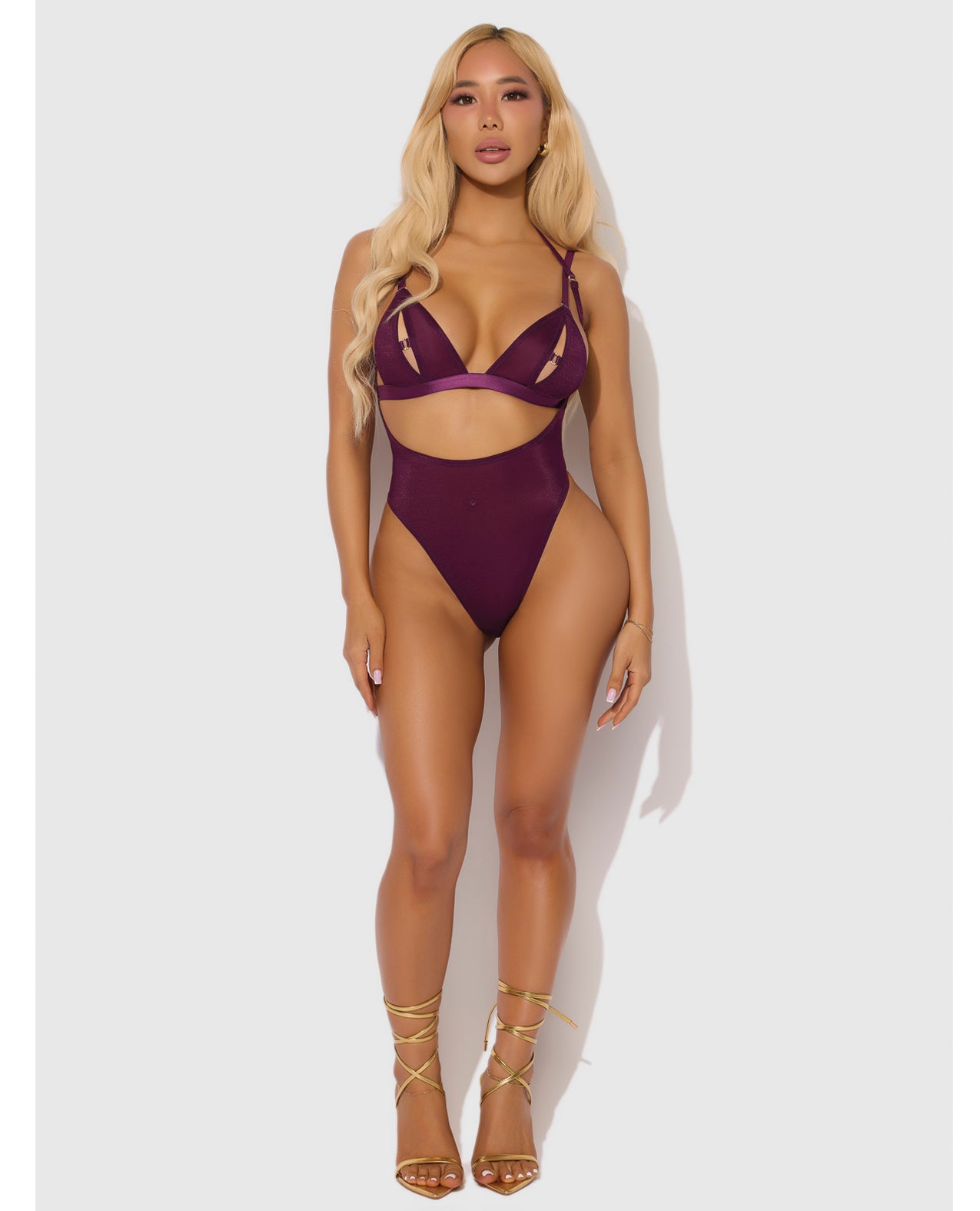 Yasmine Shimmer Mesh Teddy & Bralette Set - Burgundy - additional view
