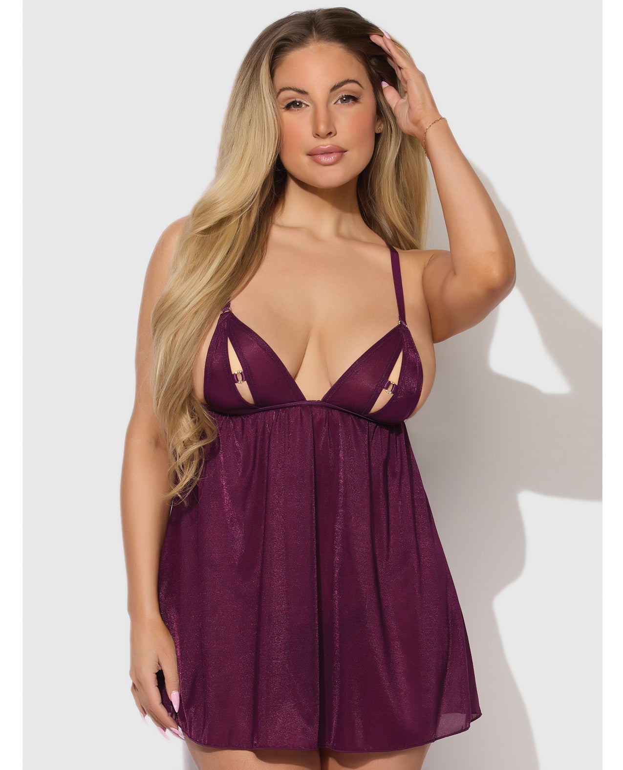 Yasmine Shimmer Mesh O-Ring Babydoll & G-String Set - Burgundy - Burgundy Small