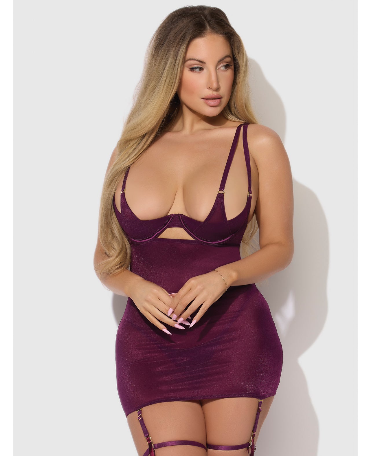 Yasmine Shimmer Mesh Thigh Garter Chemise & G-String Set - Burgundy - Burgundy Small