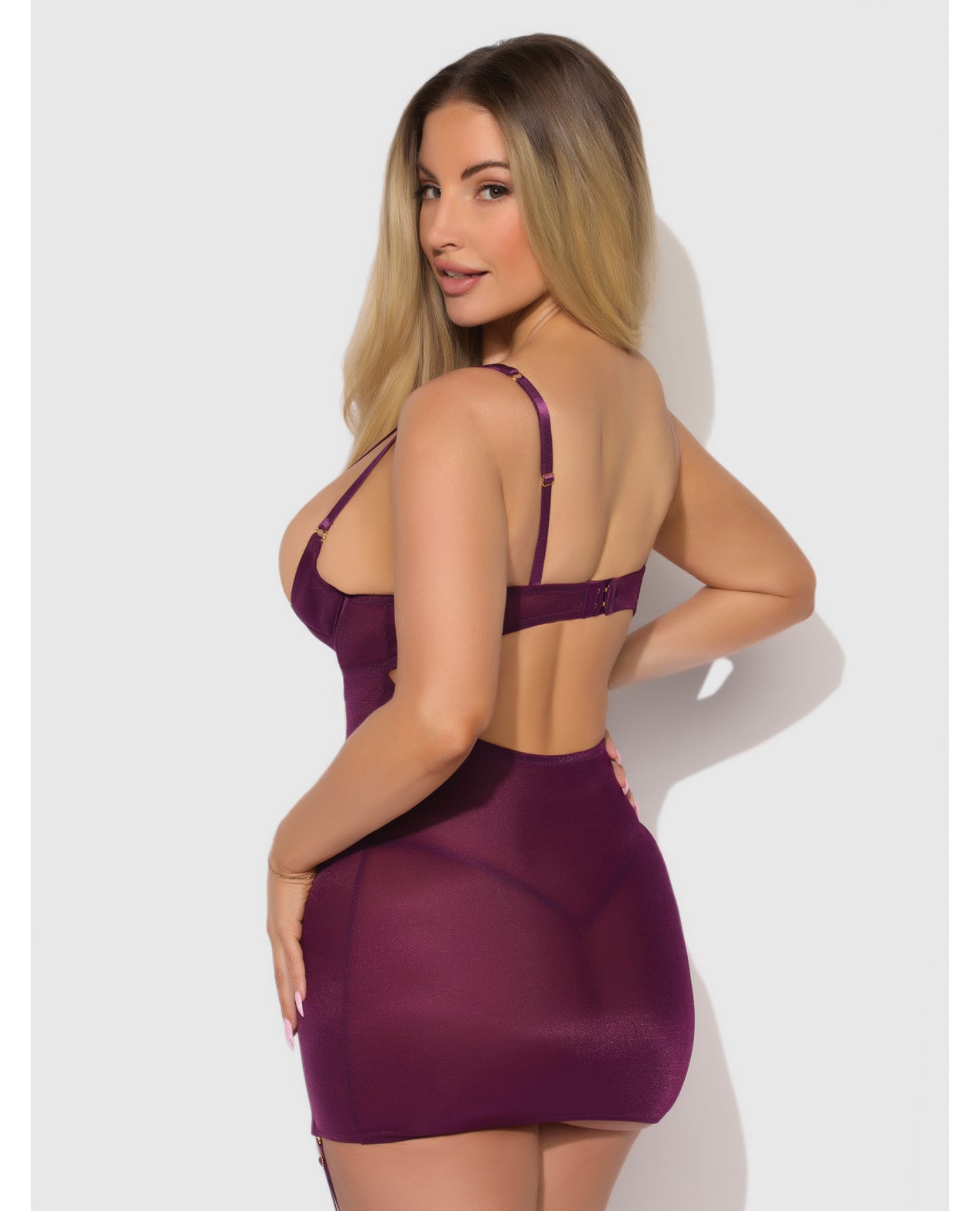 Yasmine Shimmer Mesh Thigh Garter Chemise & G-String Set - Burgundy - additional view