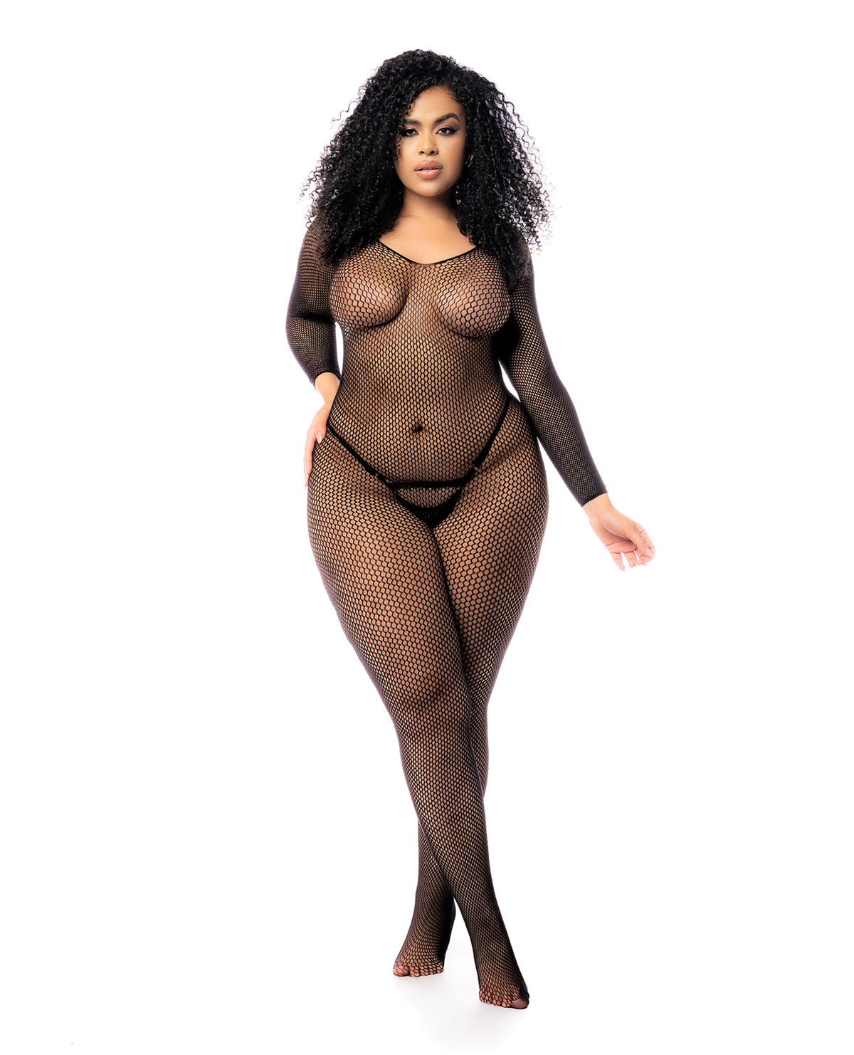 Long Sleeved All Over Fishnet Body Stocking - Black