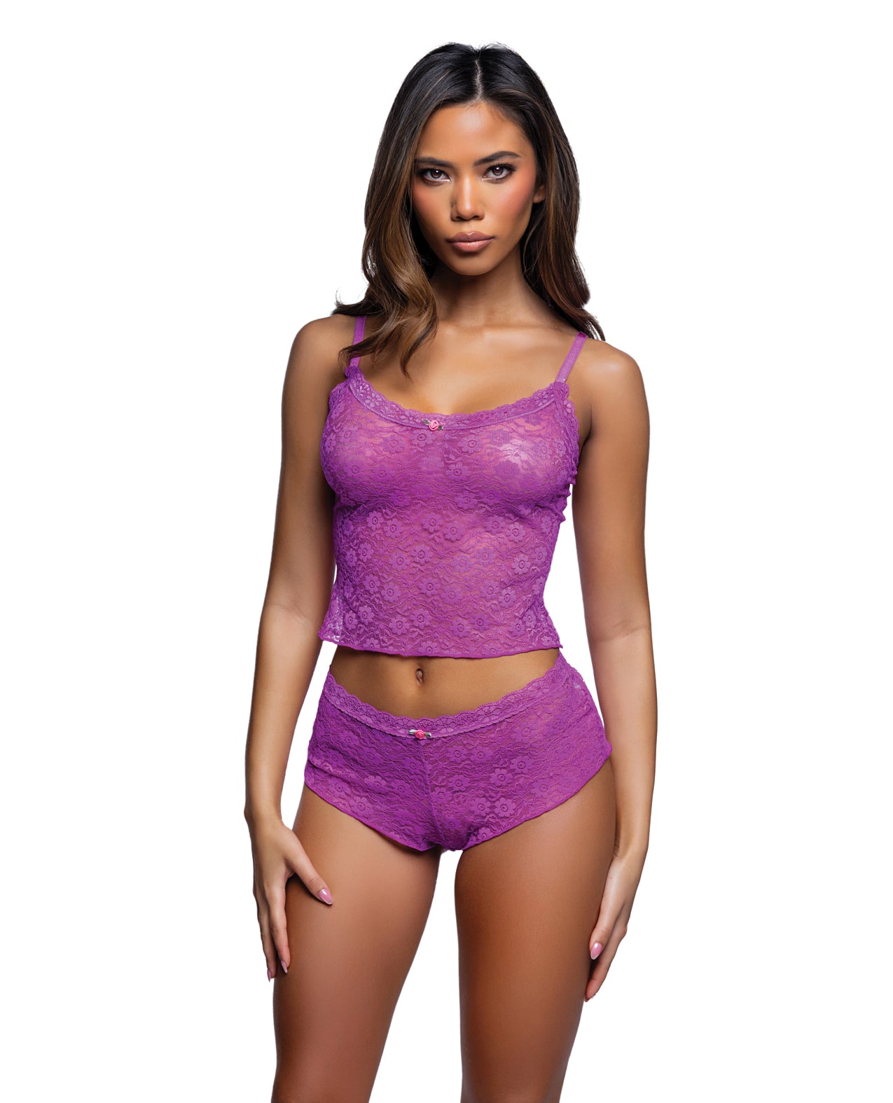 Lacy Lounger Floral Lace Camisole & Shorts Set - Fuchsia - Fuchsia Small/Medium