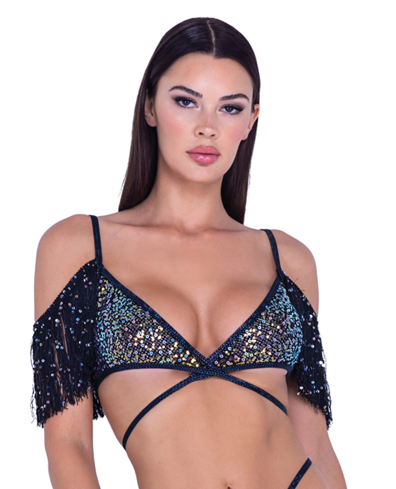 Sequin Fishnet Fringe Top - Black Small