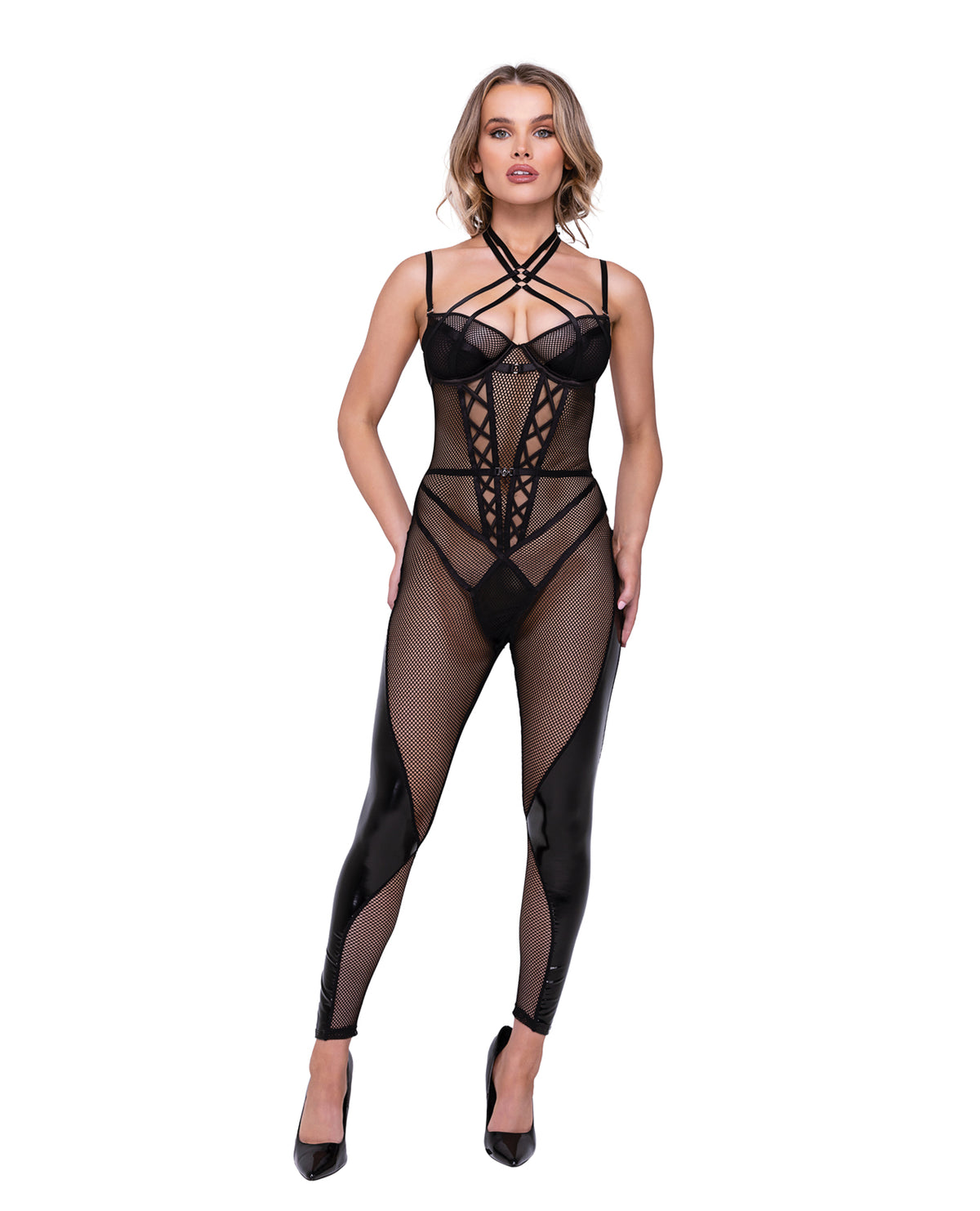 Flirty Fetish Fishnet & Faux Leather Catsuit w/Satin Trim - Black
