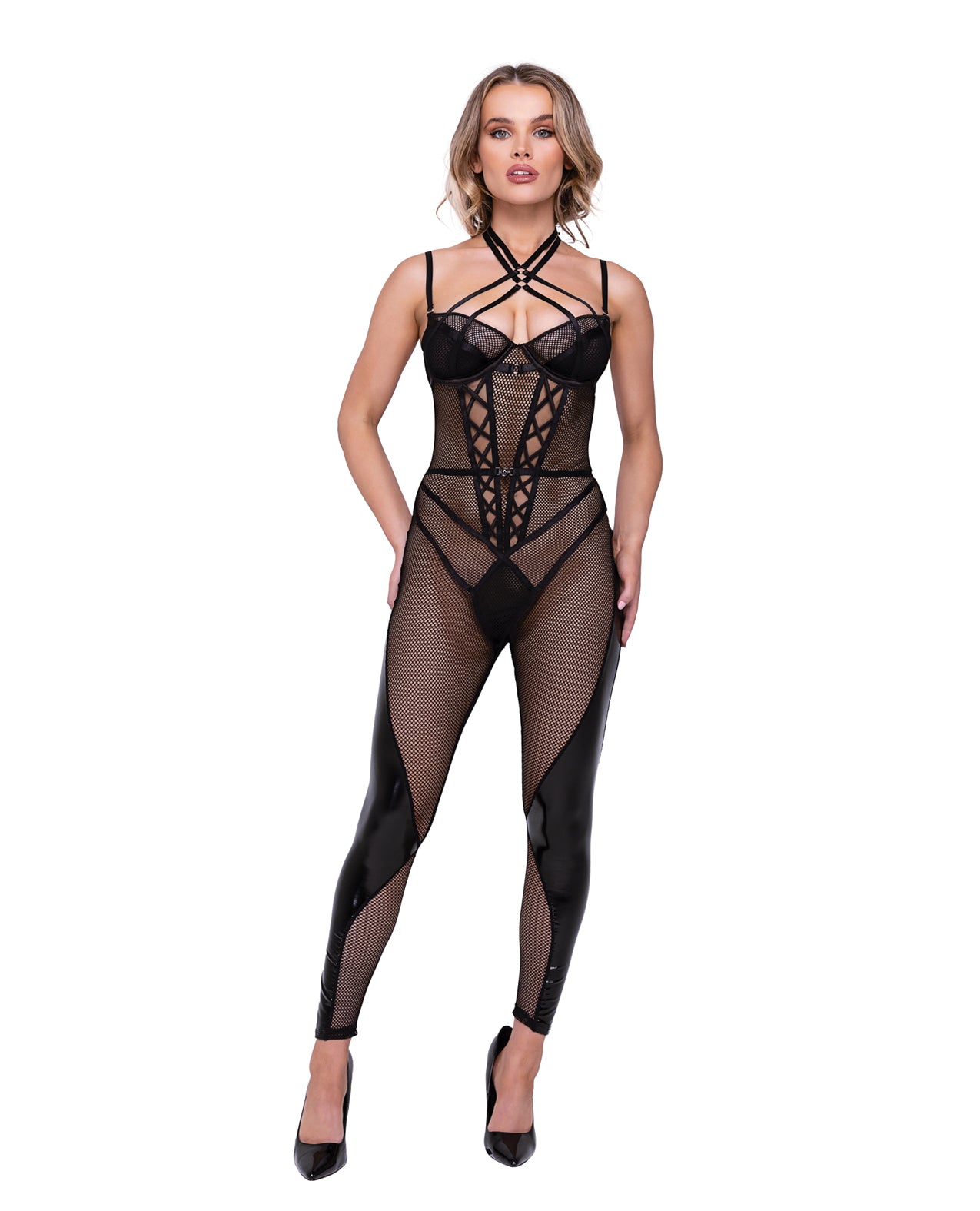 Flirty Fetish Fishnet & Faux Leather Catsuit - Black - Black Small