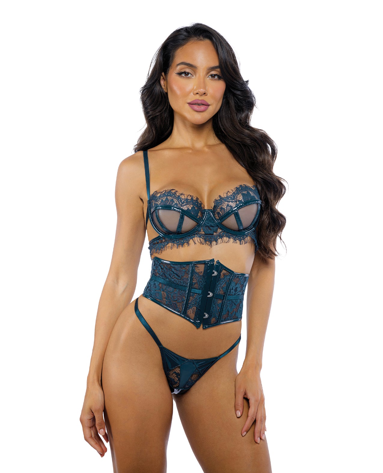 Eden Scalloped Lace & Wet-Look Bra, Waspie & Thong Set - Teal - Teal Large