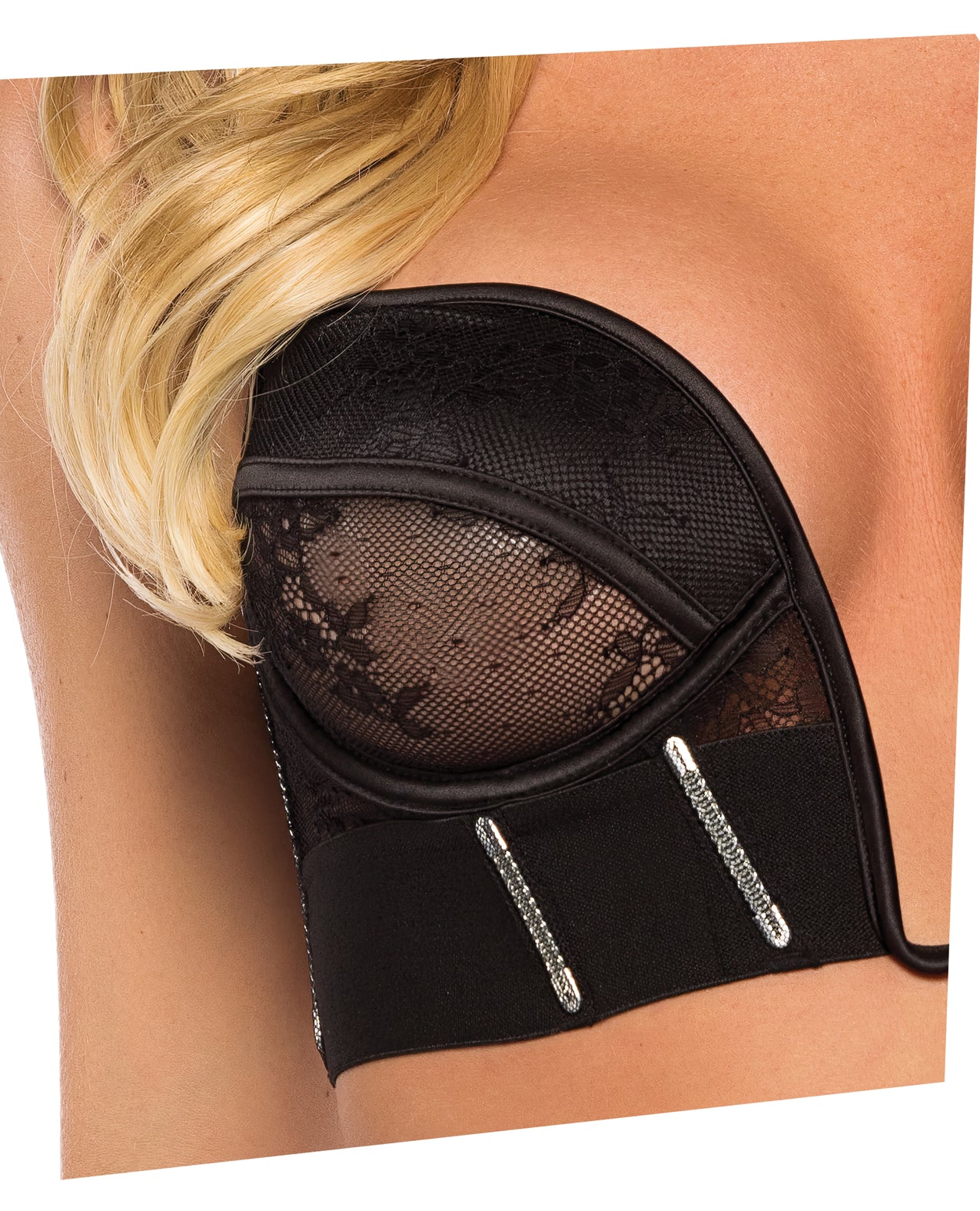 Belle Noir Chantilly Lace & Satin Bustier & Thong Set - Black - additional view