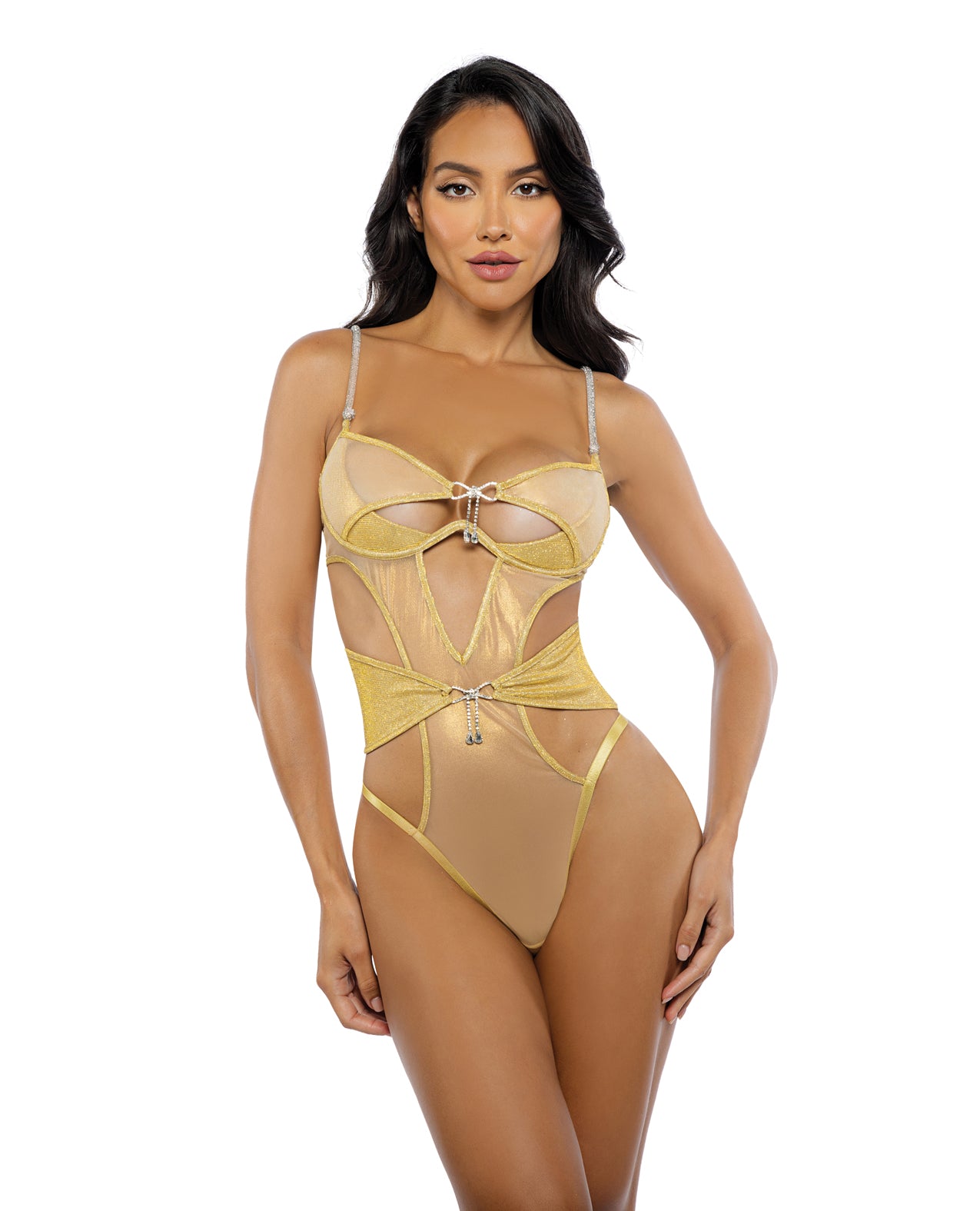 Gilded Beauty Metallic Shimmer Rhinestone Teddy - Gold - Gold Small