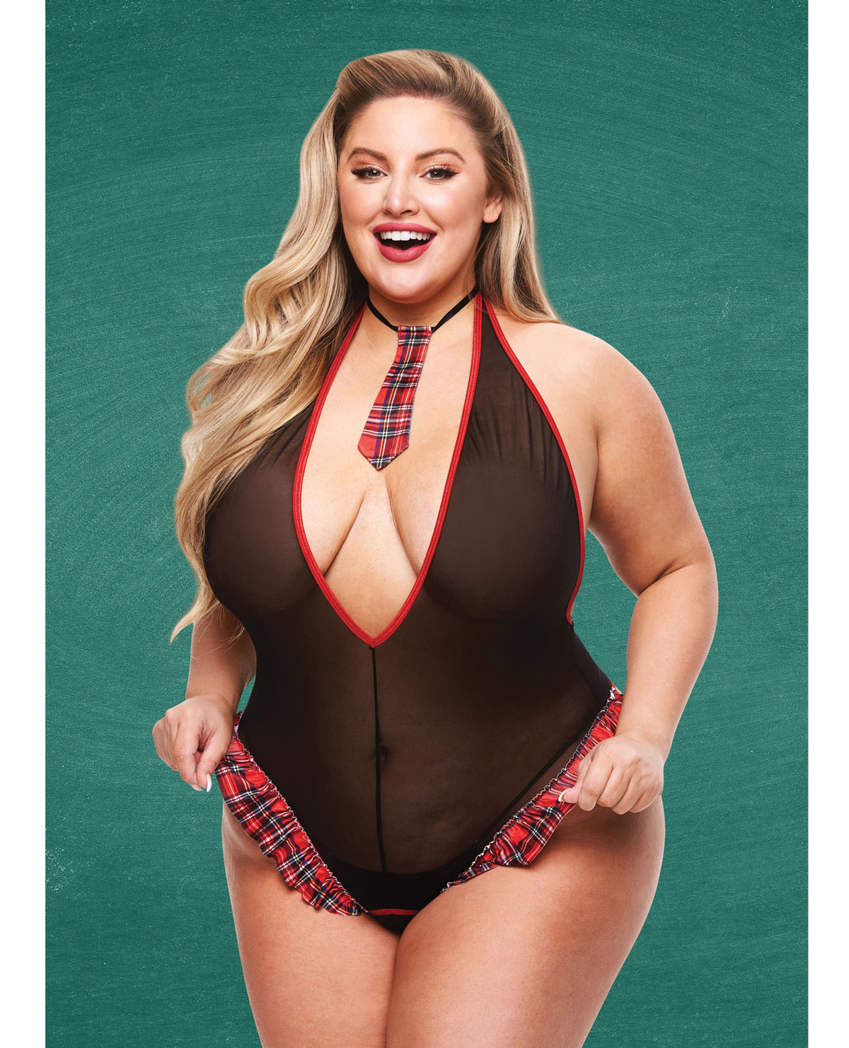 Teacher's Pet Schoolgirl See Thru Crotchless Teddy w/Tie Black/Red