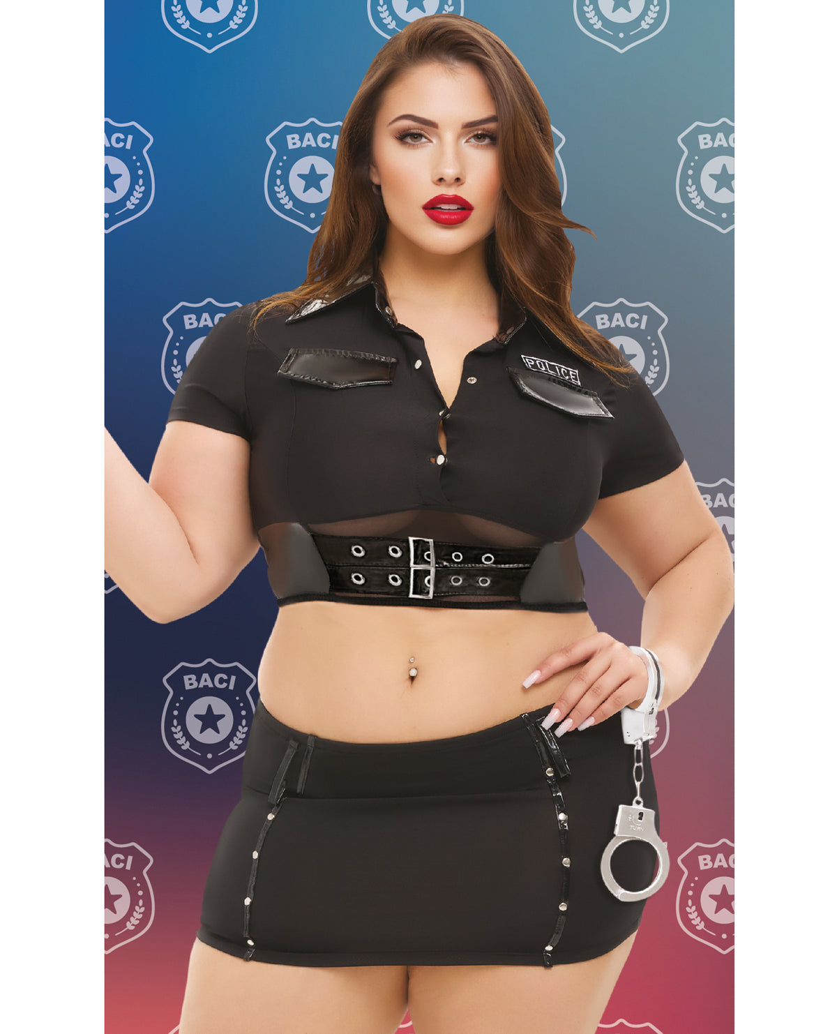 Plus Size Sexy Black Police Halloween Costume – Badge of Desire, Photo 1, Queen Curve Model