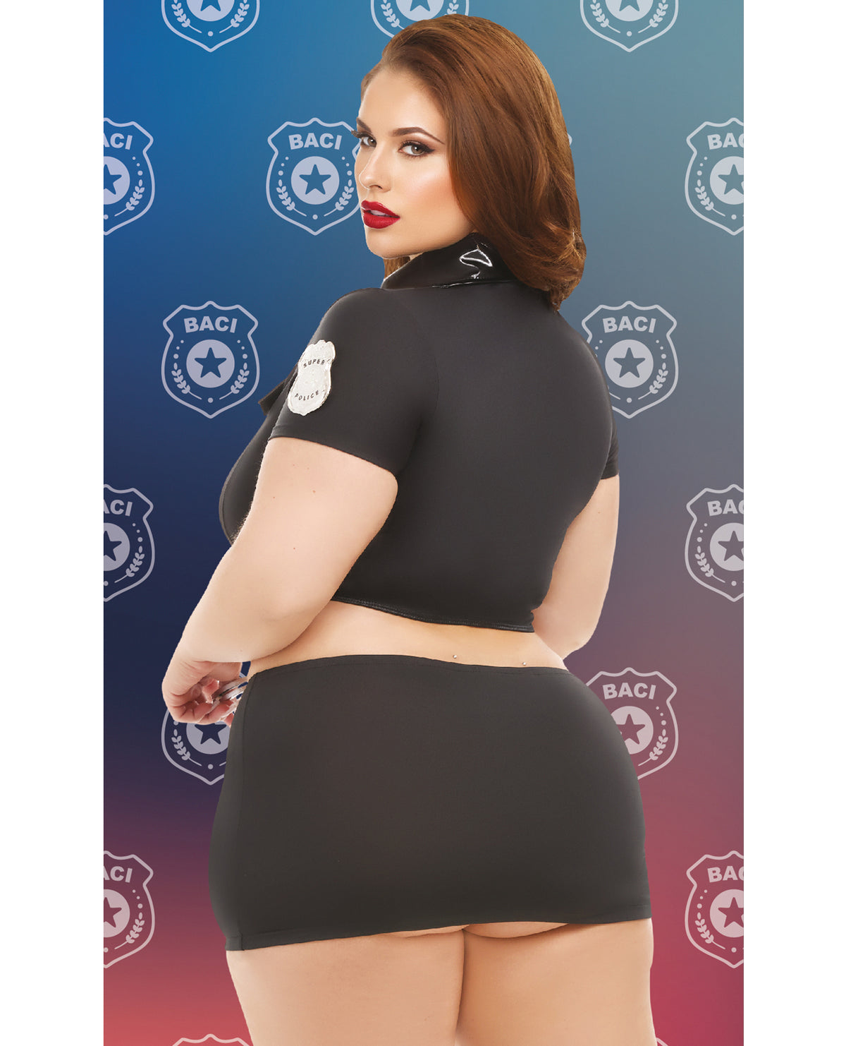 Plus Size Sexy Black Police Halloween Costume – Badge of Desire, Photo 2, Queen Curve Model