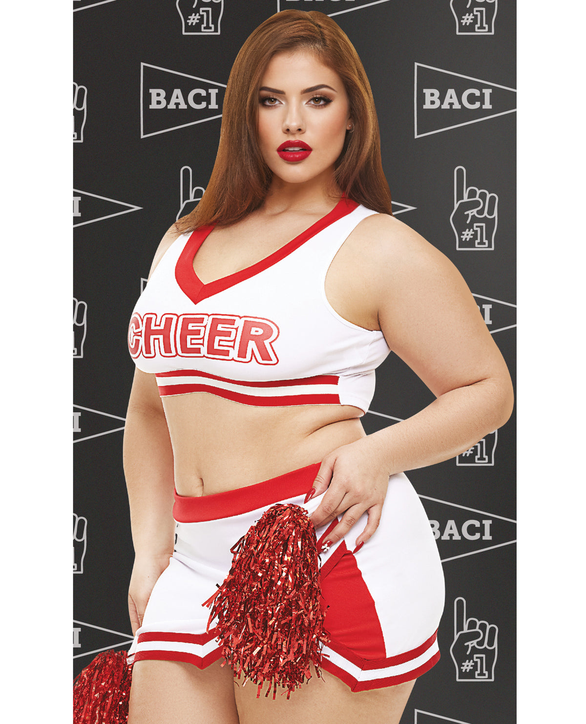 Plus Size Sexy Red & White Cheerleader Halloween Costume – Gameday Hottie, Photo 1, Queen Curve Model