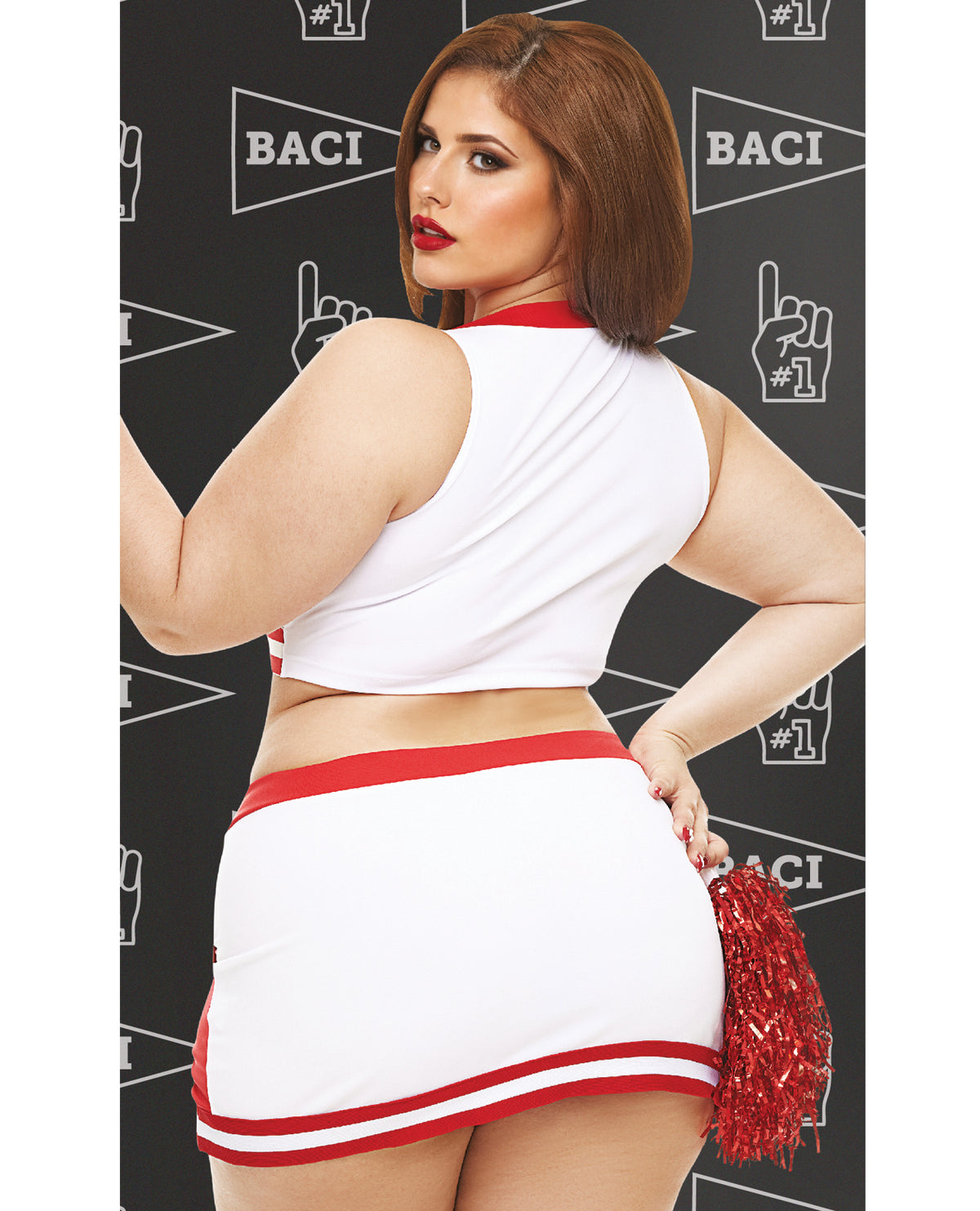 Plus Size Sexy Red & White Cheerleader Halloween Costume – Gameday Hottie, Photo 2, Queen Curve Model