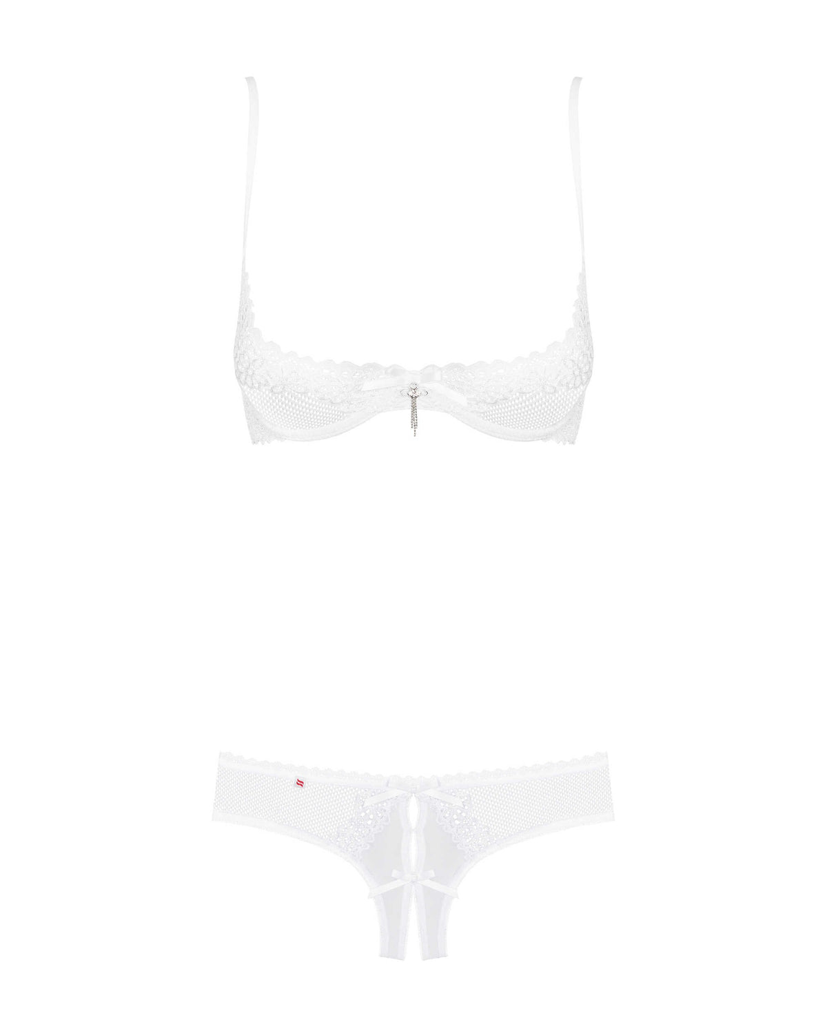 The Alabastra white cupless lace set, featuring adjustable straps