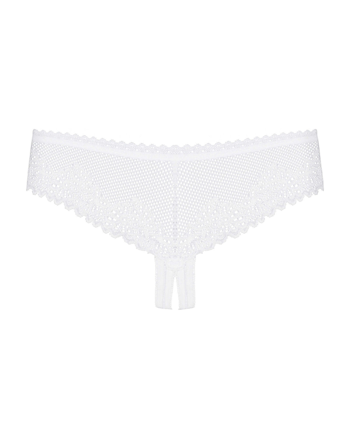 The Alabastra white lace crotchless thong seen from another angle