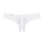 The Alabastra white lace crotchless thong, featuring a soft elastic waistband