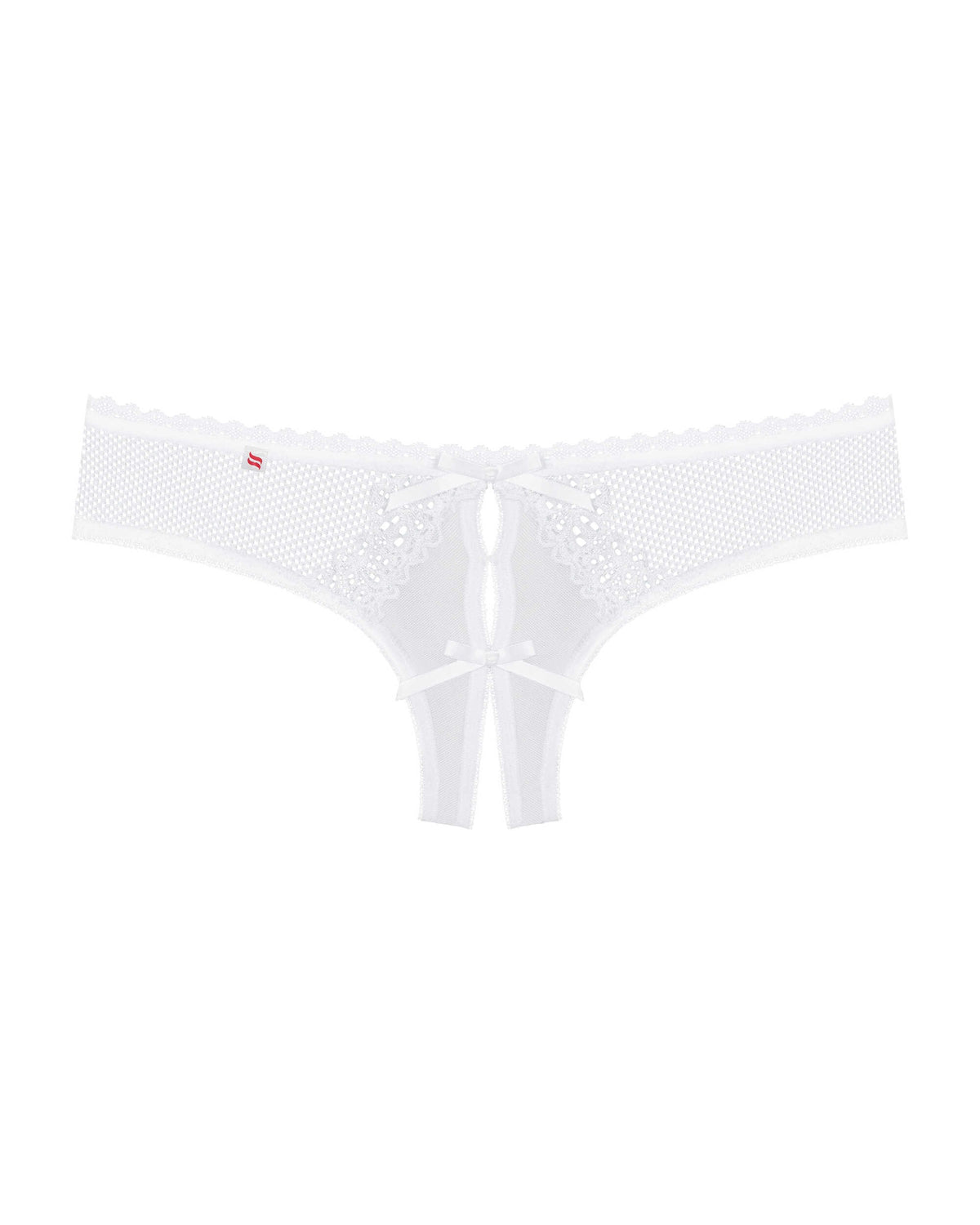 The Alabastra white lace crotchless thong, featuring a soft elastic waistband