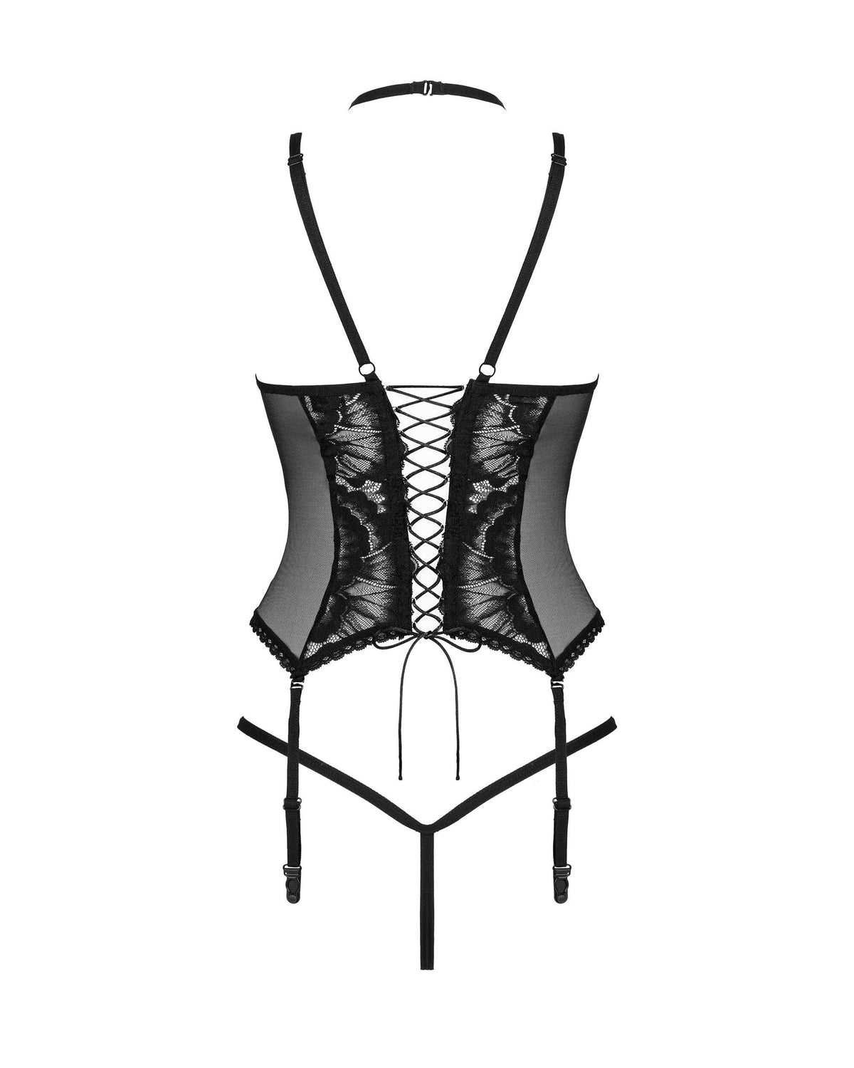 The Alessya black lace corset and thong, seen from a different angle