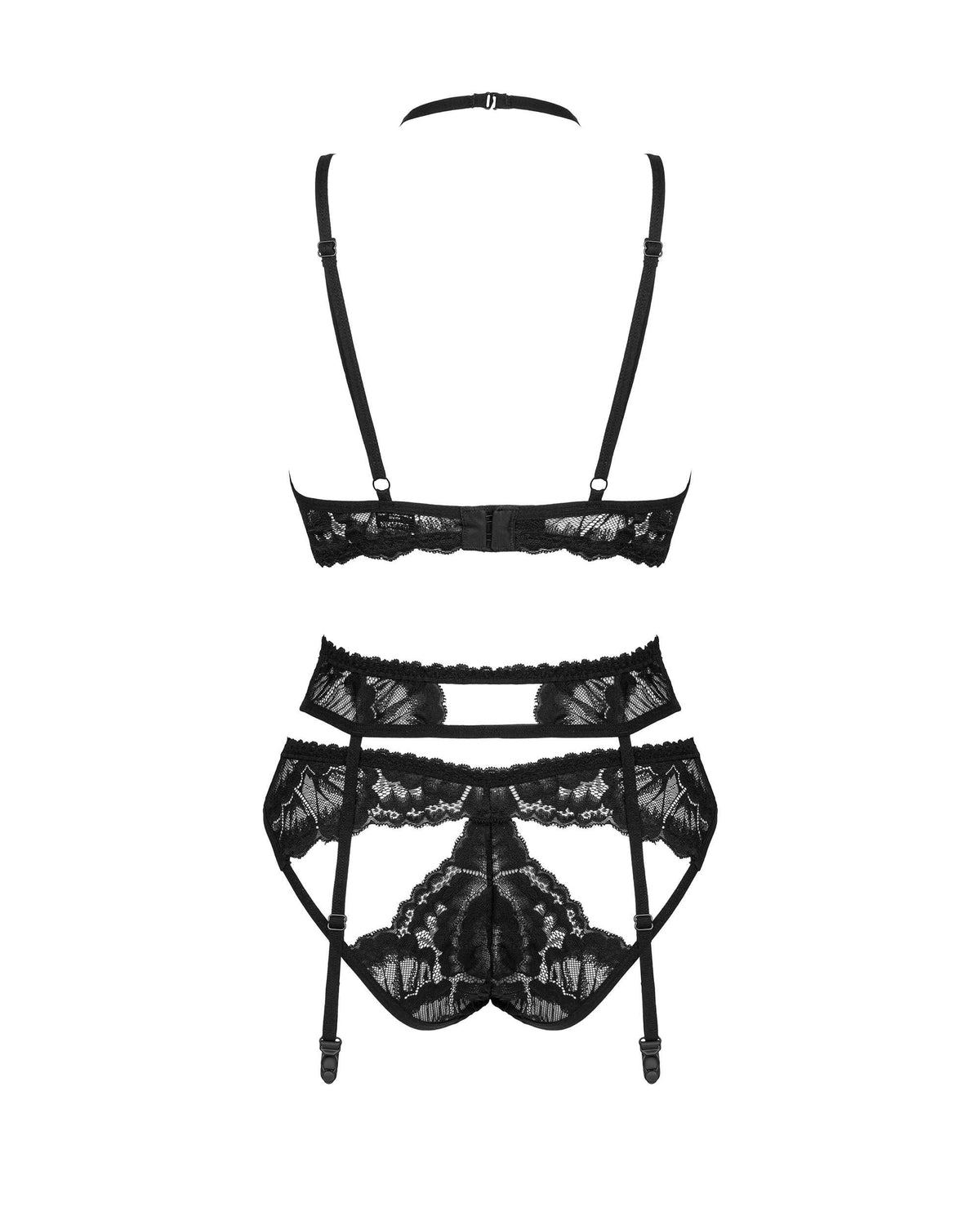 The Alessya black three-piece garter set seen from another angle