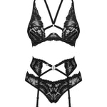 The Alessya black three-piece garter set, featuring lace panties with cutouts at the back