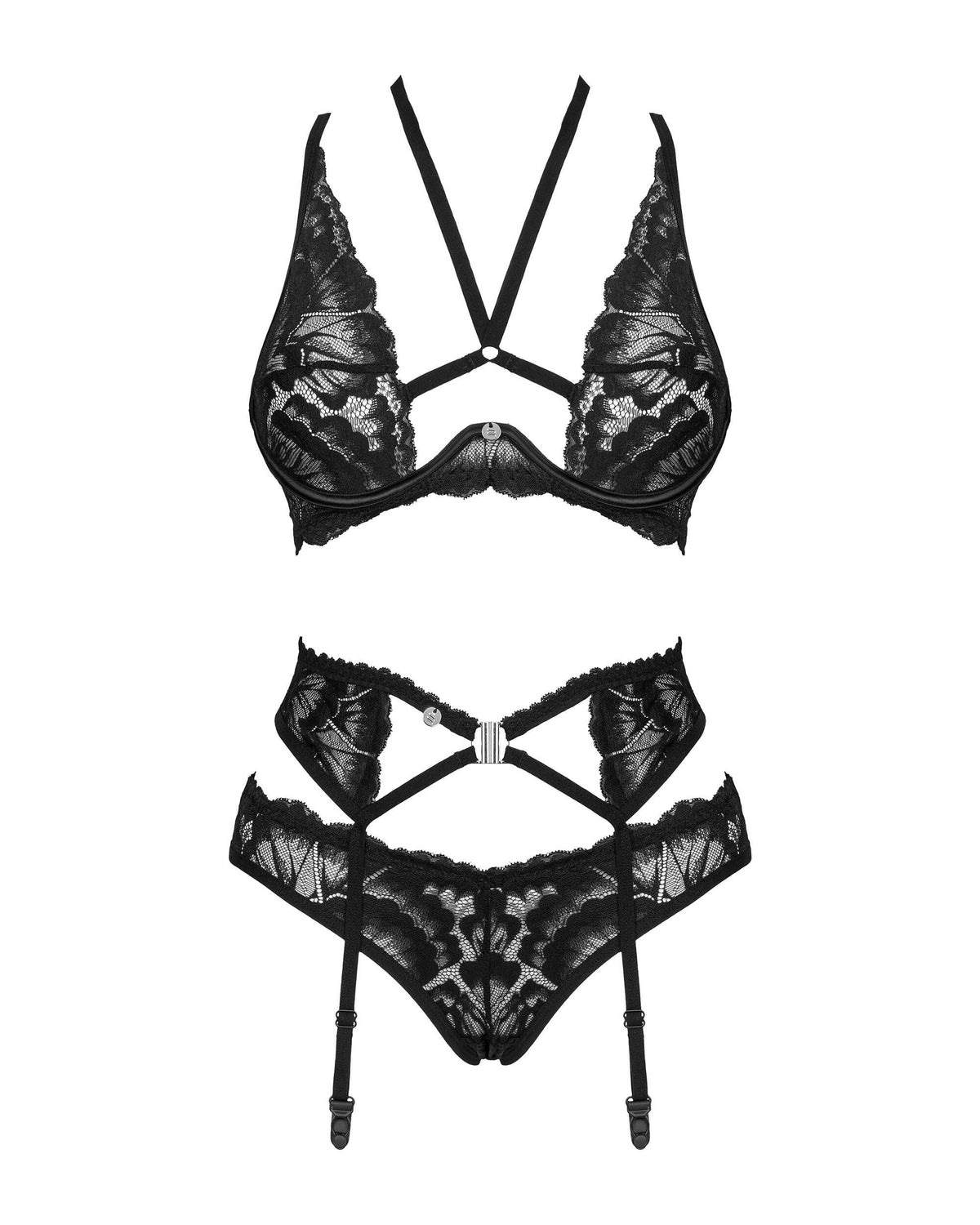 The Alessya black three-piece garter set, featuring lace panties with cutouts at the back