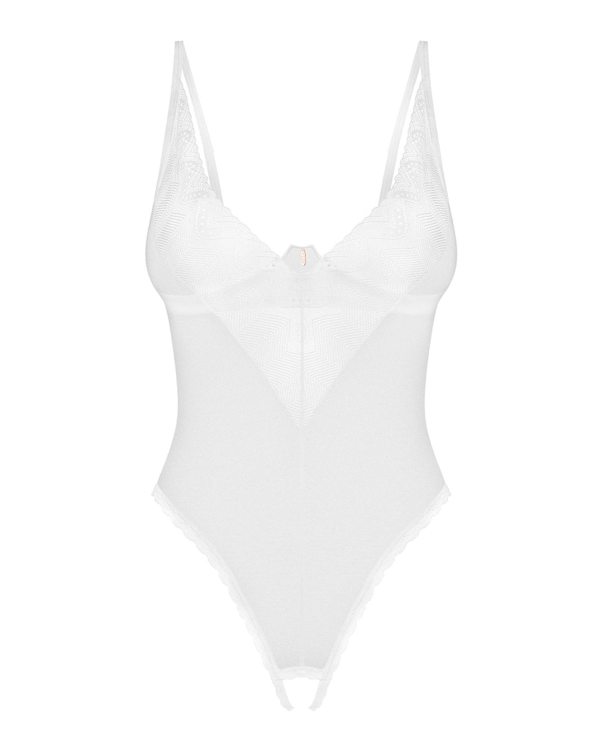 The Alissium white crotchless teddy seen from another angle