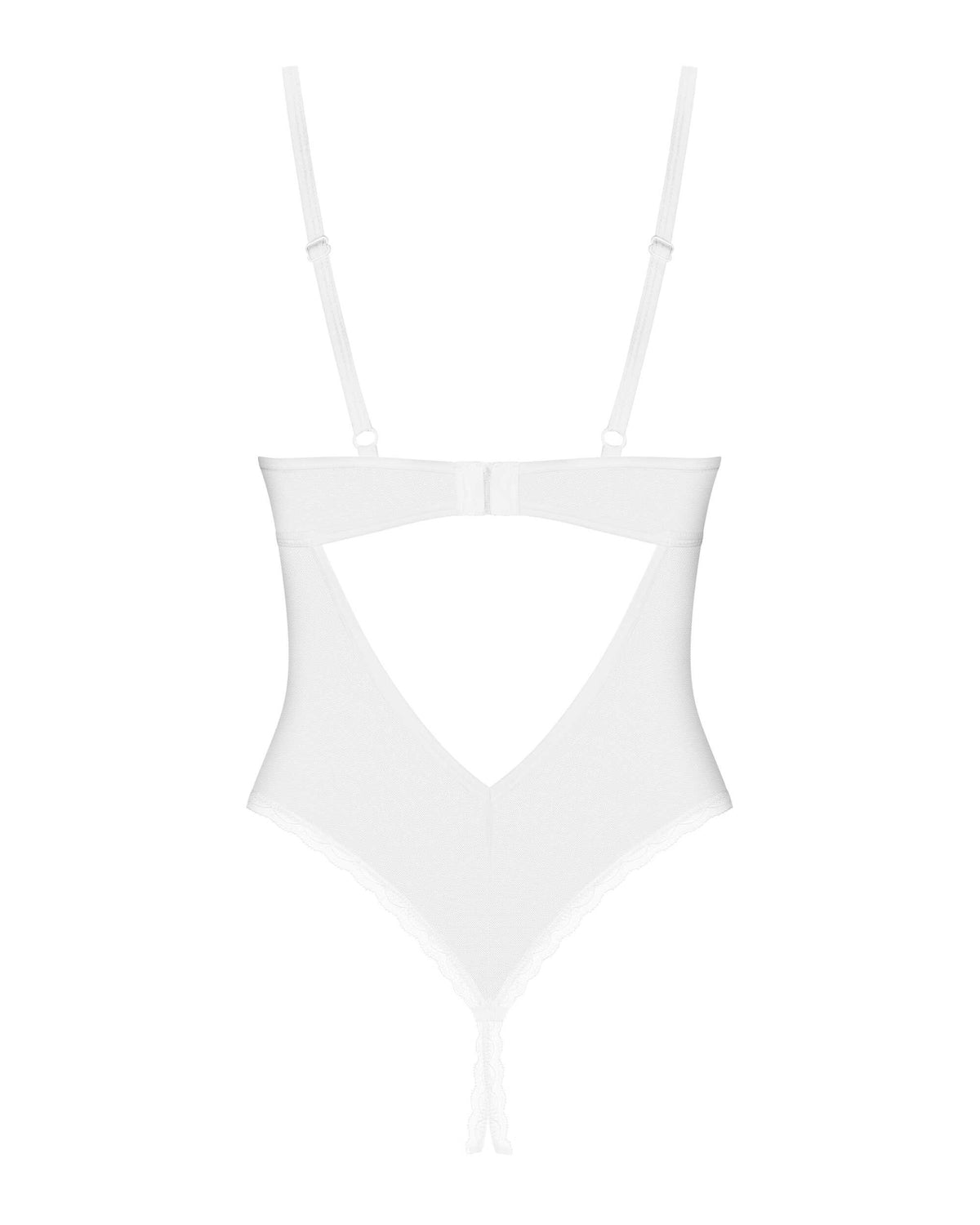 The Alissium white crotchless teddy, featuring a rose-gold pendant