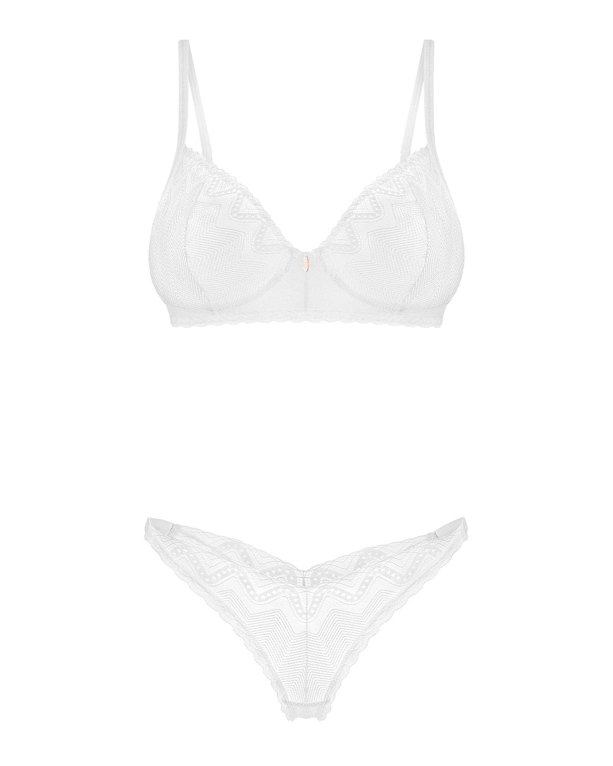 One more view of the Alissium white lace bra and thong set