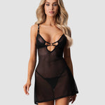 An alternate view of the Alliane black mesh chemise and thong, with a double-layer bust with lace overlay