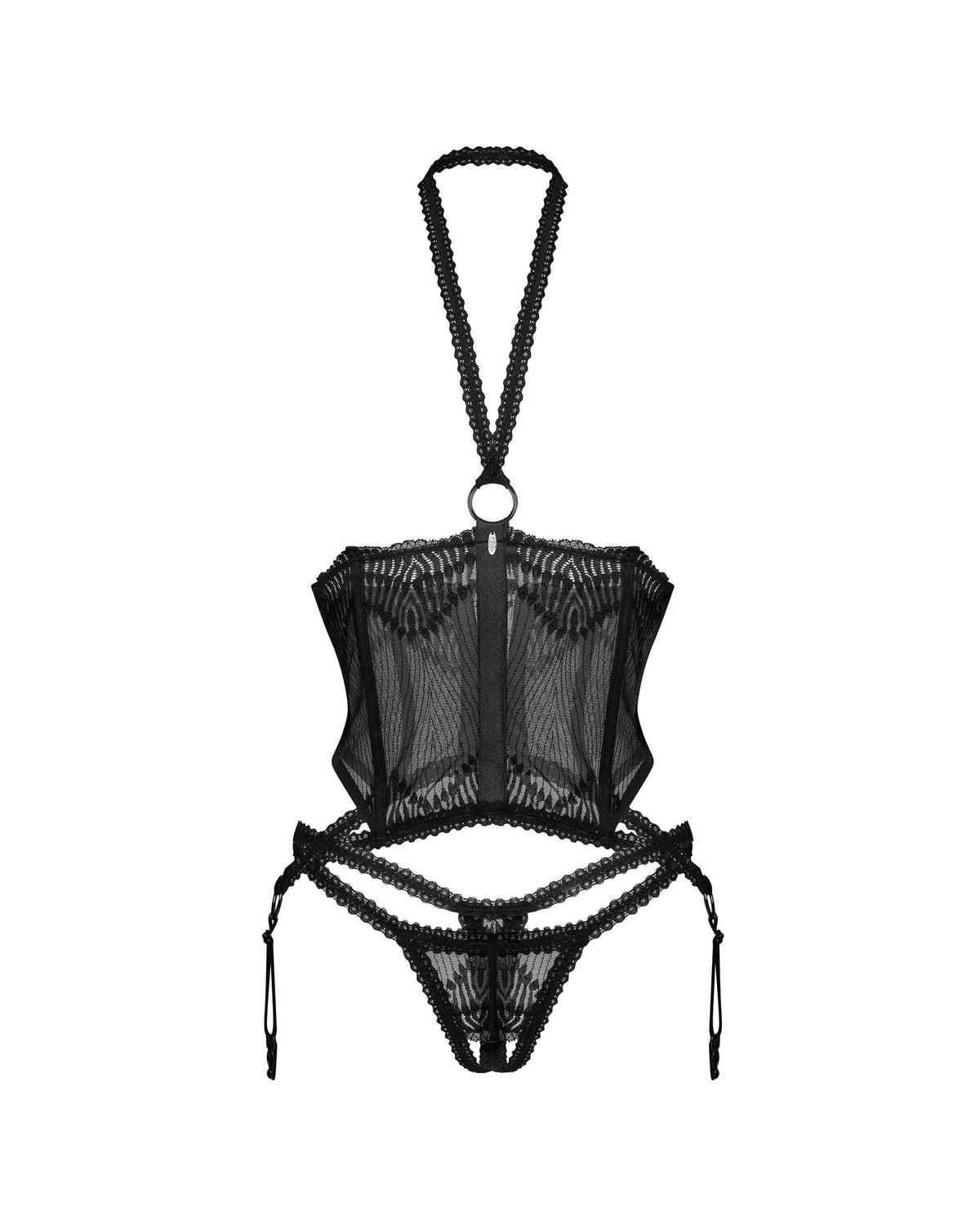 An additional view of the Alliane black mesh corset and thong