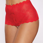 Passion & Pearl red high waist crotchless lace panty with attached garters and pearls by Allure