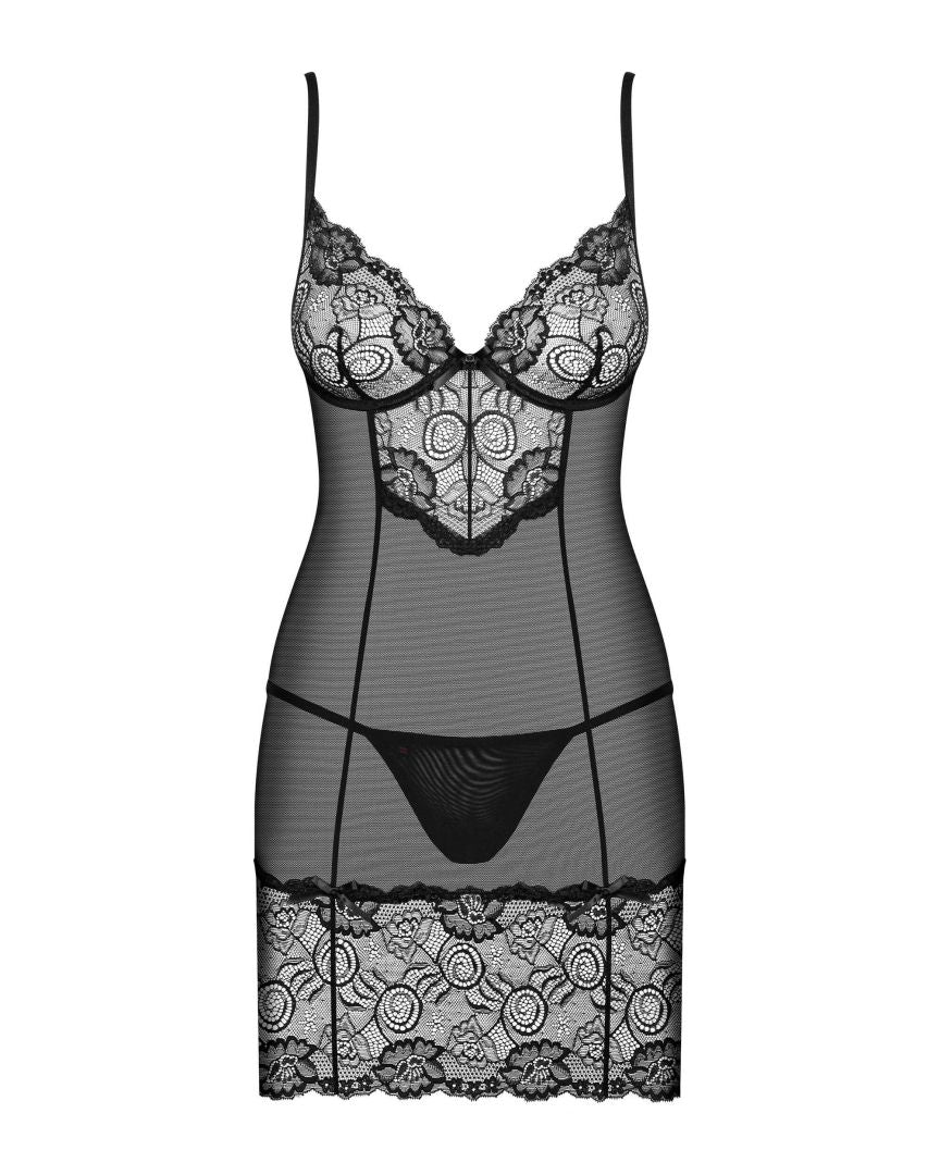 The Alluria black floral lace chemise seen from another angle