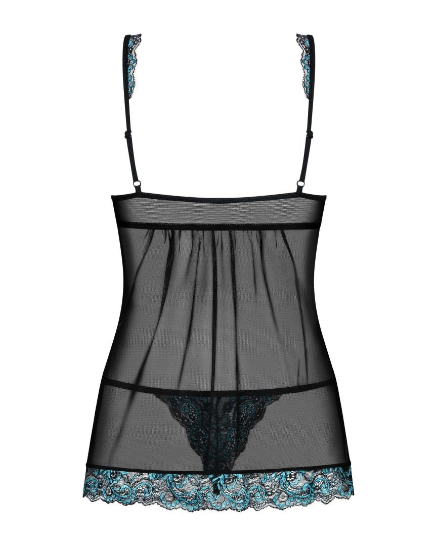 An additional view of the Amanta black and turquoise lace babydoll